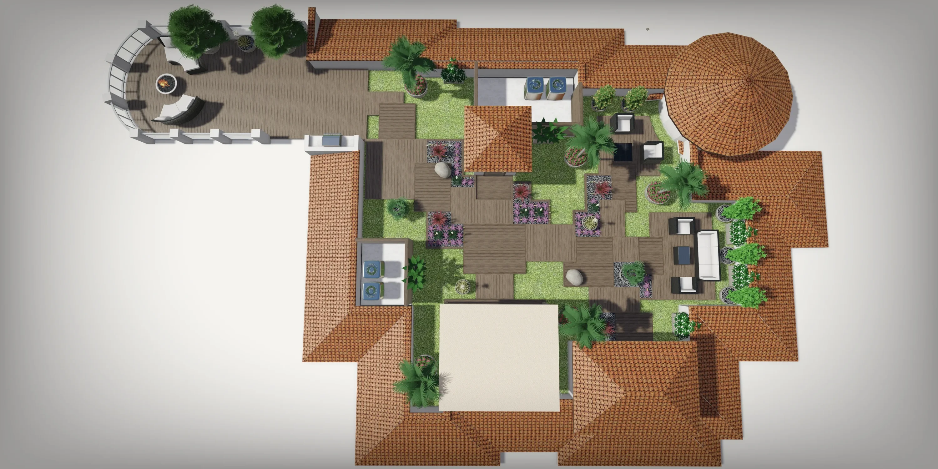 Aerial view of luxury residential courtyard with terracotta tile roofing, wood decking, integrated pool design, and professional landscape architecture featuring planted gardens and circular pergola.