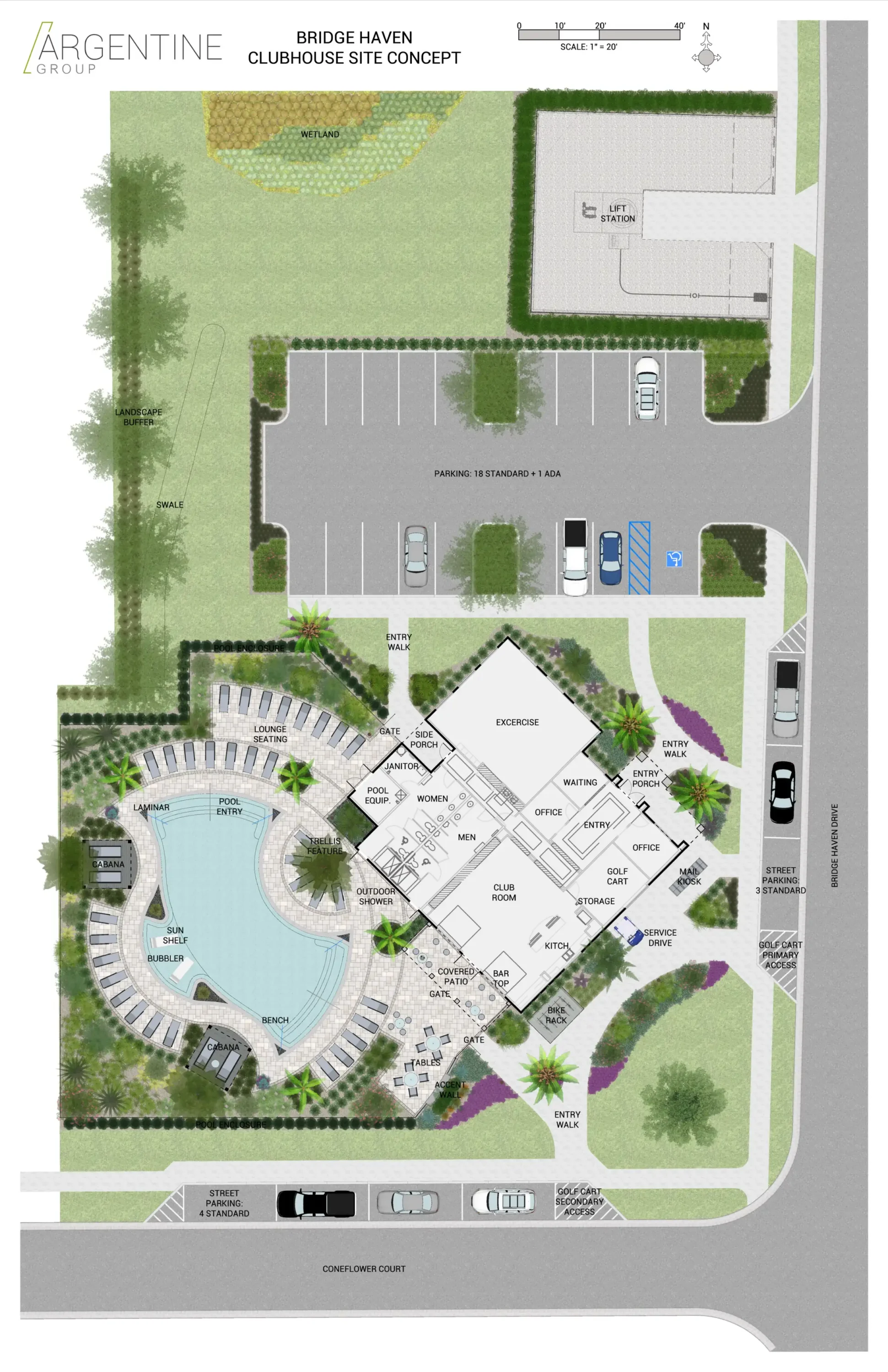 Aerial site plan for luxury clubhouse development featuring pool design, landscape architecture, and residential community layout in St Petersburg, Florida.