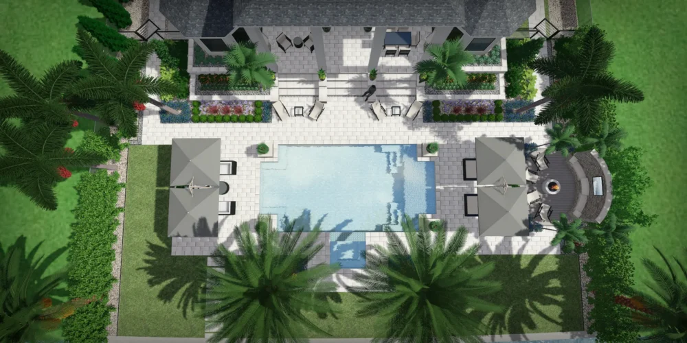 Aerial view of luxury residential pool design with symmetrical cabanas, lounging areas, and manicured landscape architecture in St Petersburg.