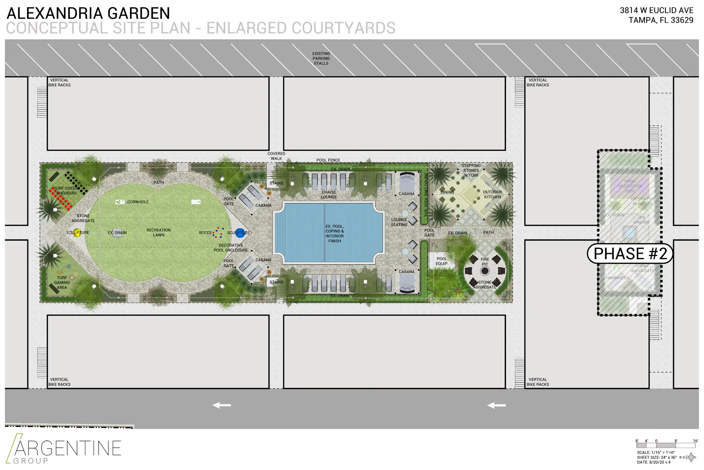 Luxury residential pool courtyard site plan featuring central swimming pool, landscaping, and outdoor living spaces in St Petersburg, FL.