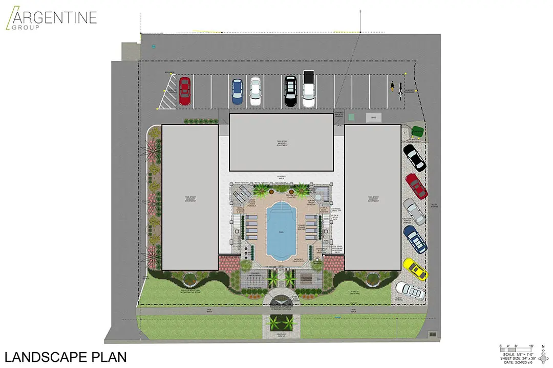 Aerial landscape architecture plan for St Petersburg luxury residential community featuring central pool design, surrounding buildings, parking, and manicured grounds.