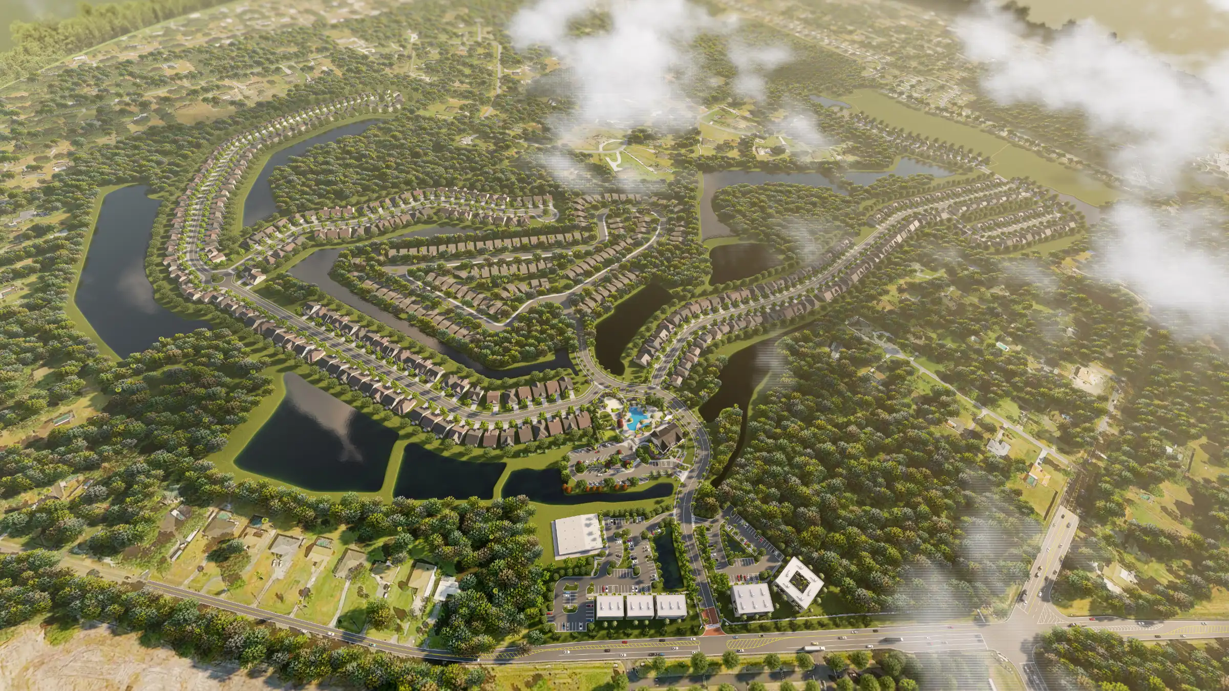 Aerial view of luxury residential community with curved streets, homes, multiple lakes, and integrated landscape architecture in St Petersburg, FL.