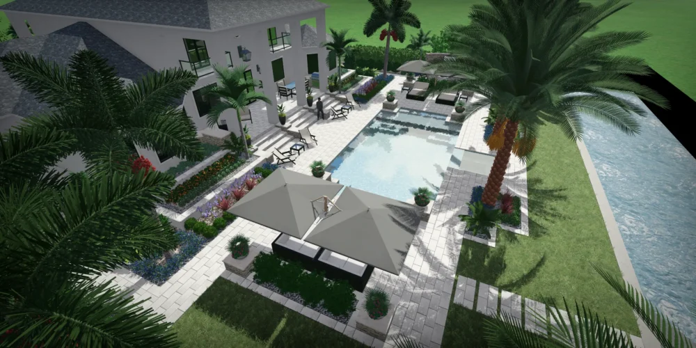 Aerial view of contemporary white residential complex with resort-style pool, lounge areas, manicured grounds, and waterfront access in St Petersburg, Florida.