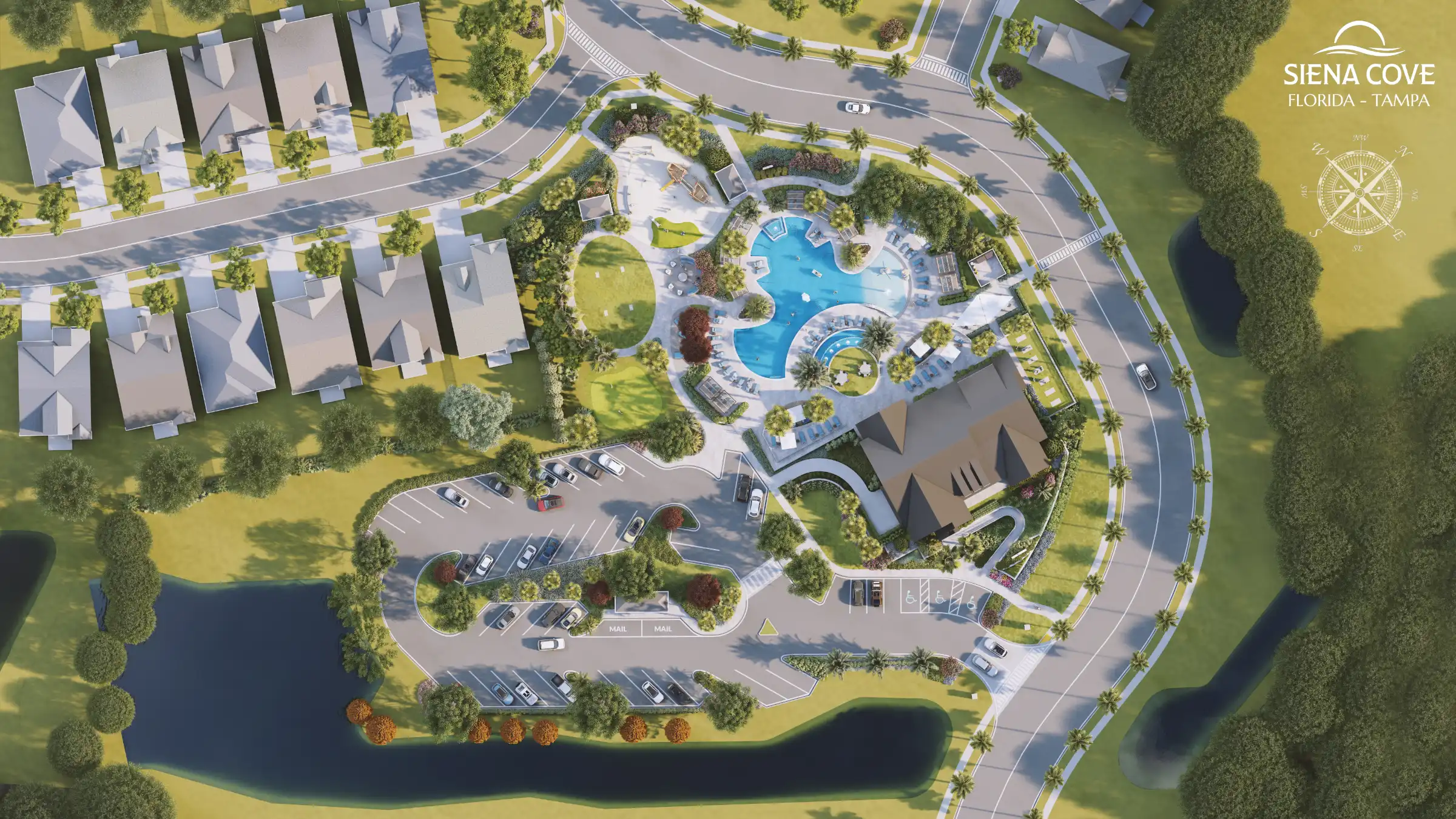 Aerial view of Siena Cove residential community in Tampa, Florida featuring a resort-style pool, surrounding homes, and manicured landscaping with waterfront setting.