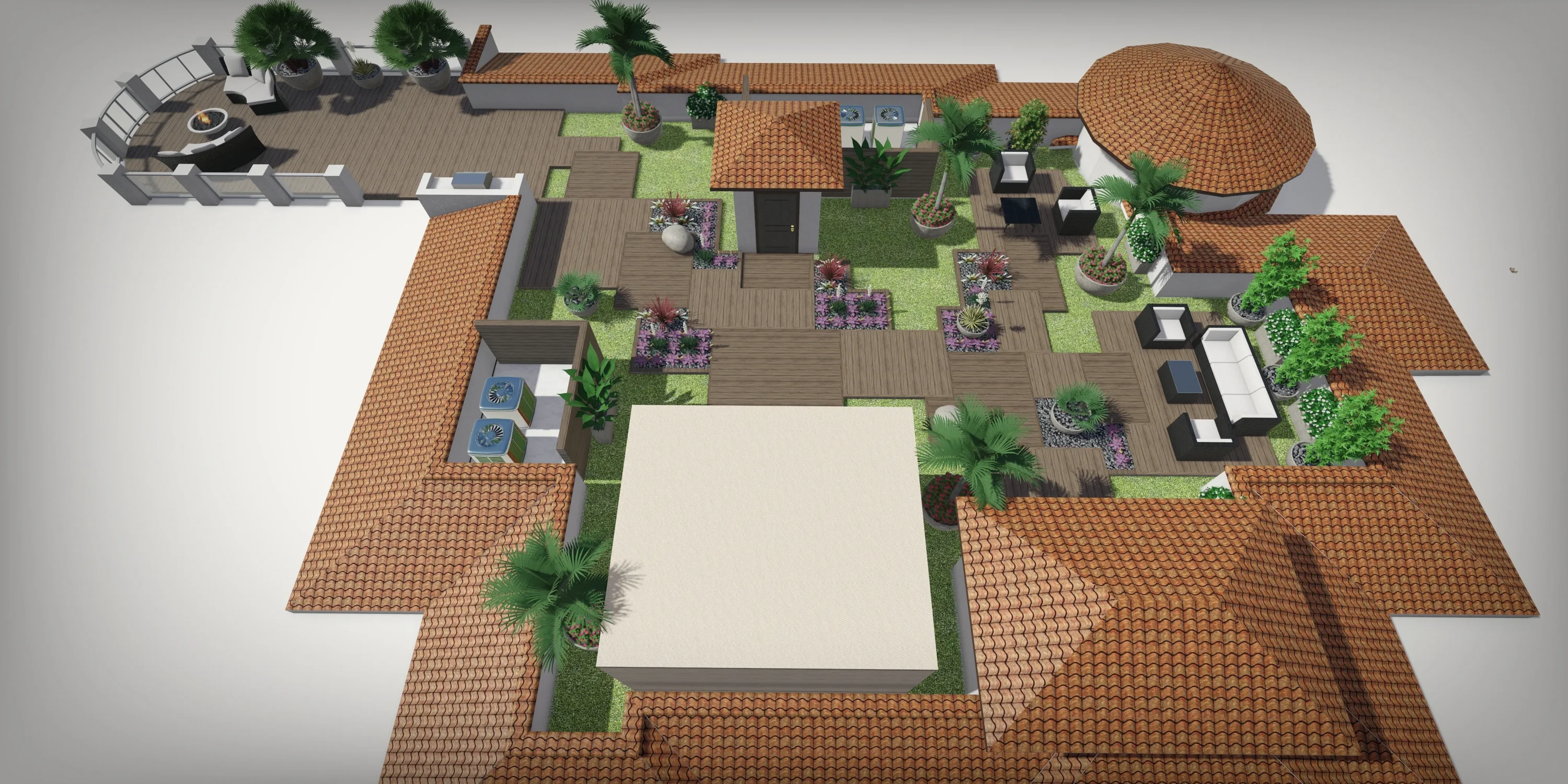 Aerial view of luxury residential property with terracotta tile roofing, central courtyard, manicured gardens, and premium landscape architecture in St Petersburg.