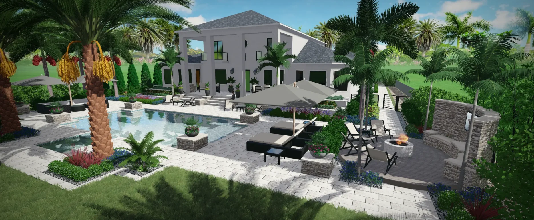 Contemporary white residence with resort-style pool, tropical palms, and expansive patio in luxury residential community design.