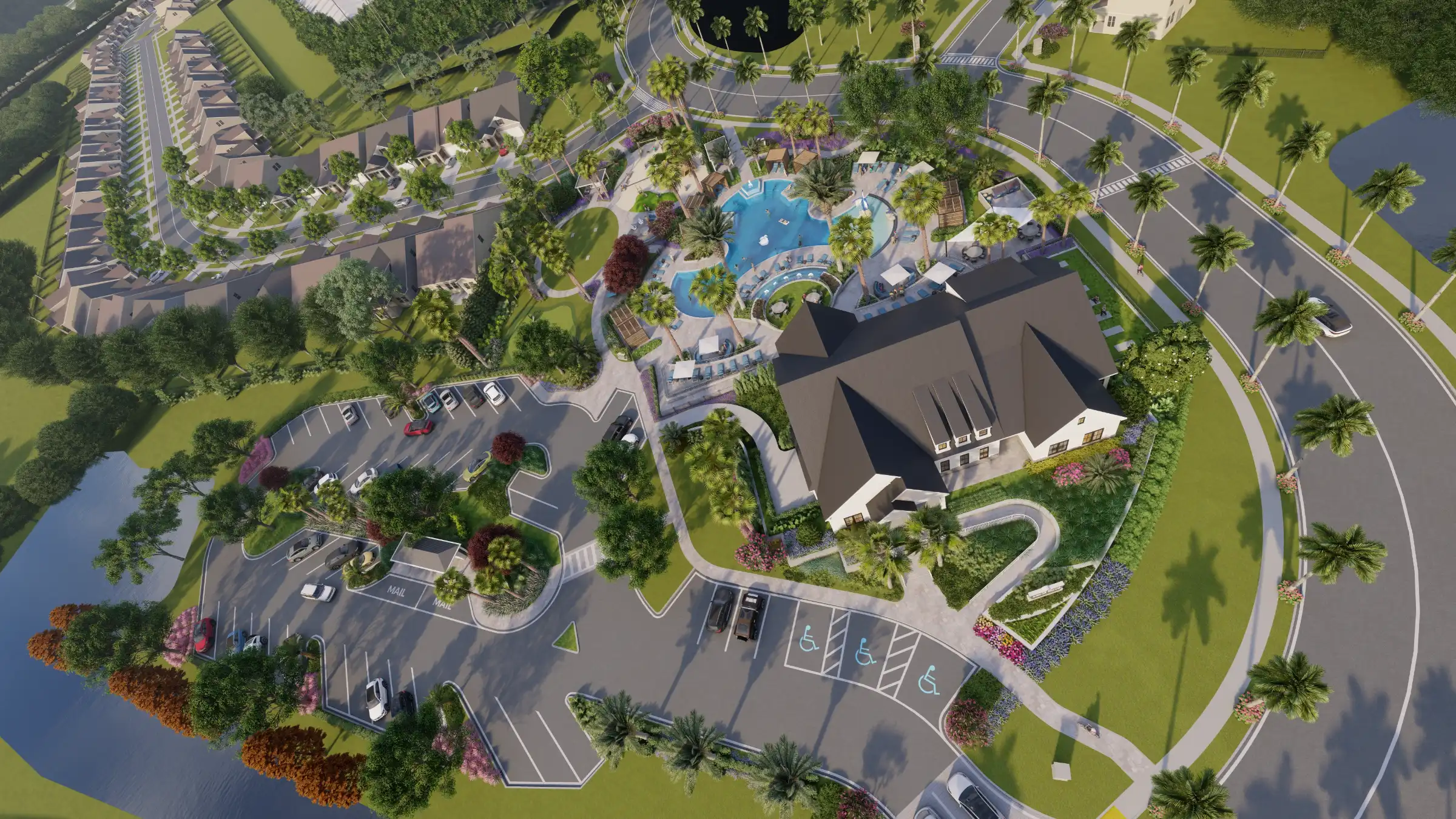 Aerial view of luxury resort-style pool complex with curved blue swimming pool, black-roofed clubhouse, manicured lawns, palm trees, and residential streets in St. Petersburg, FL community development.