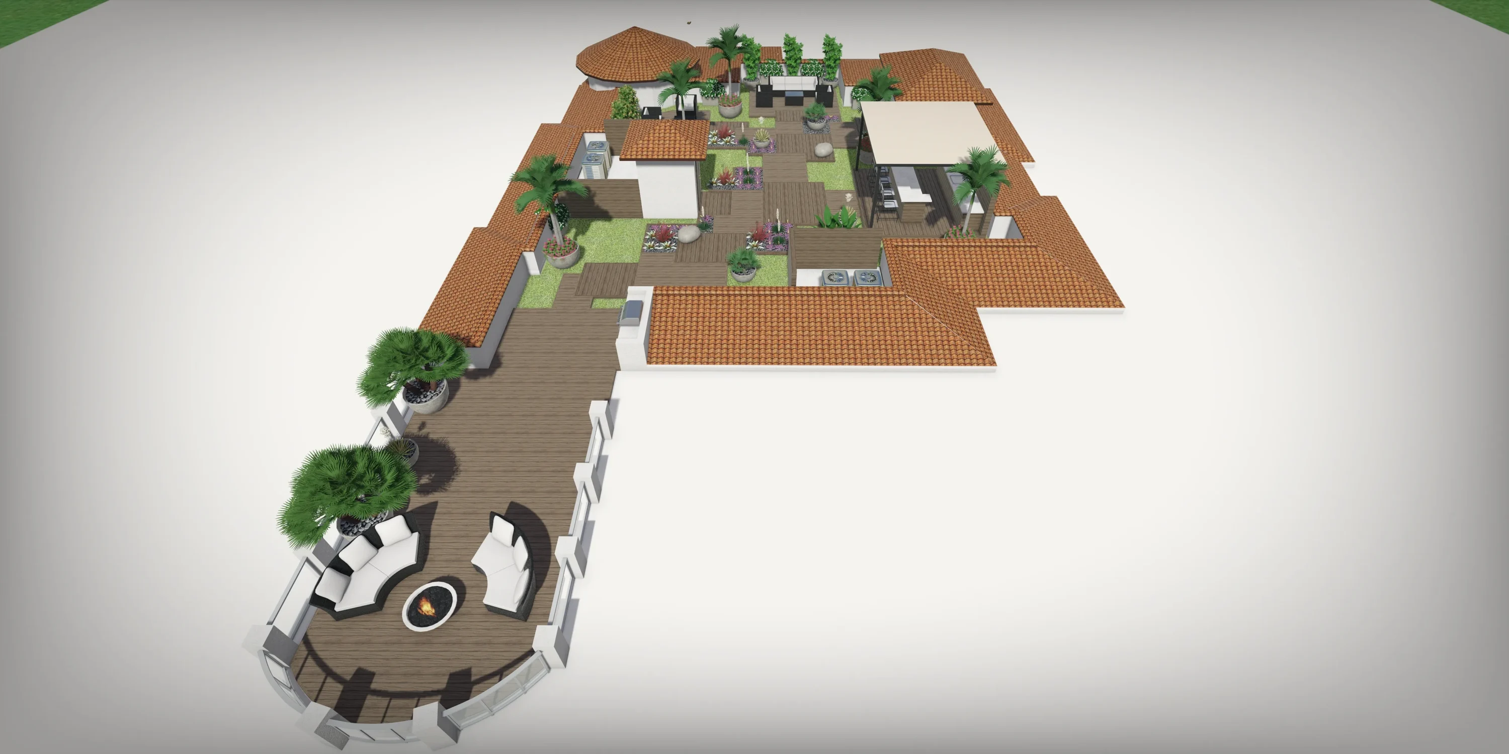 Aerial view of luxury residential community with terracotta tile roofs, wooden decks, manicured gardens, and curved poolside lounge area in St Petersburg, FL.