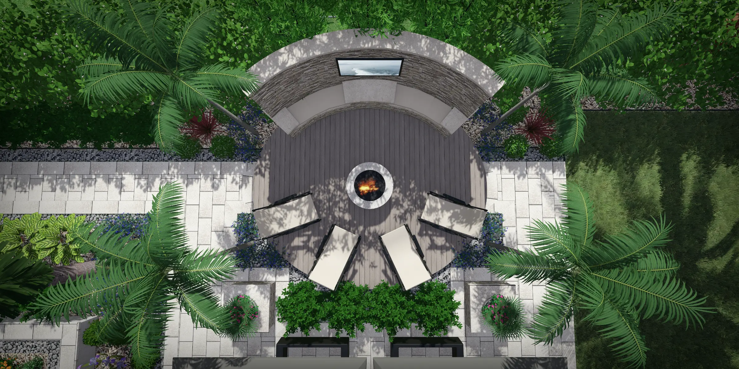 Overhead view of circular pergola structure with central firepit, lounge seating, and lush tropical landscaping featuring palms and flowering plants in St Petersburg luxury outdoor design.