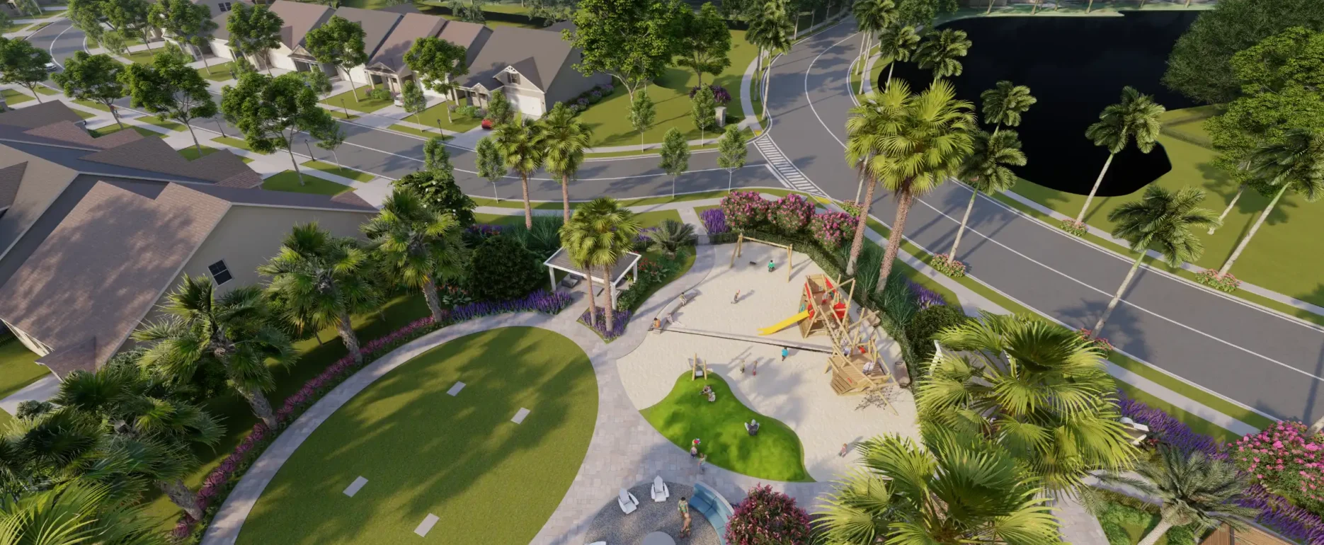 Aerial view of luxury residential community with central park featuring playground, fire pit seating area, manicured lawn, and scenic lake surrounded by palm trees and modern homes in St Petersburg, FL.