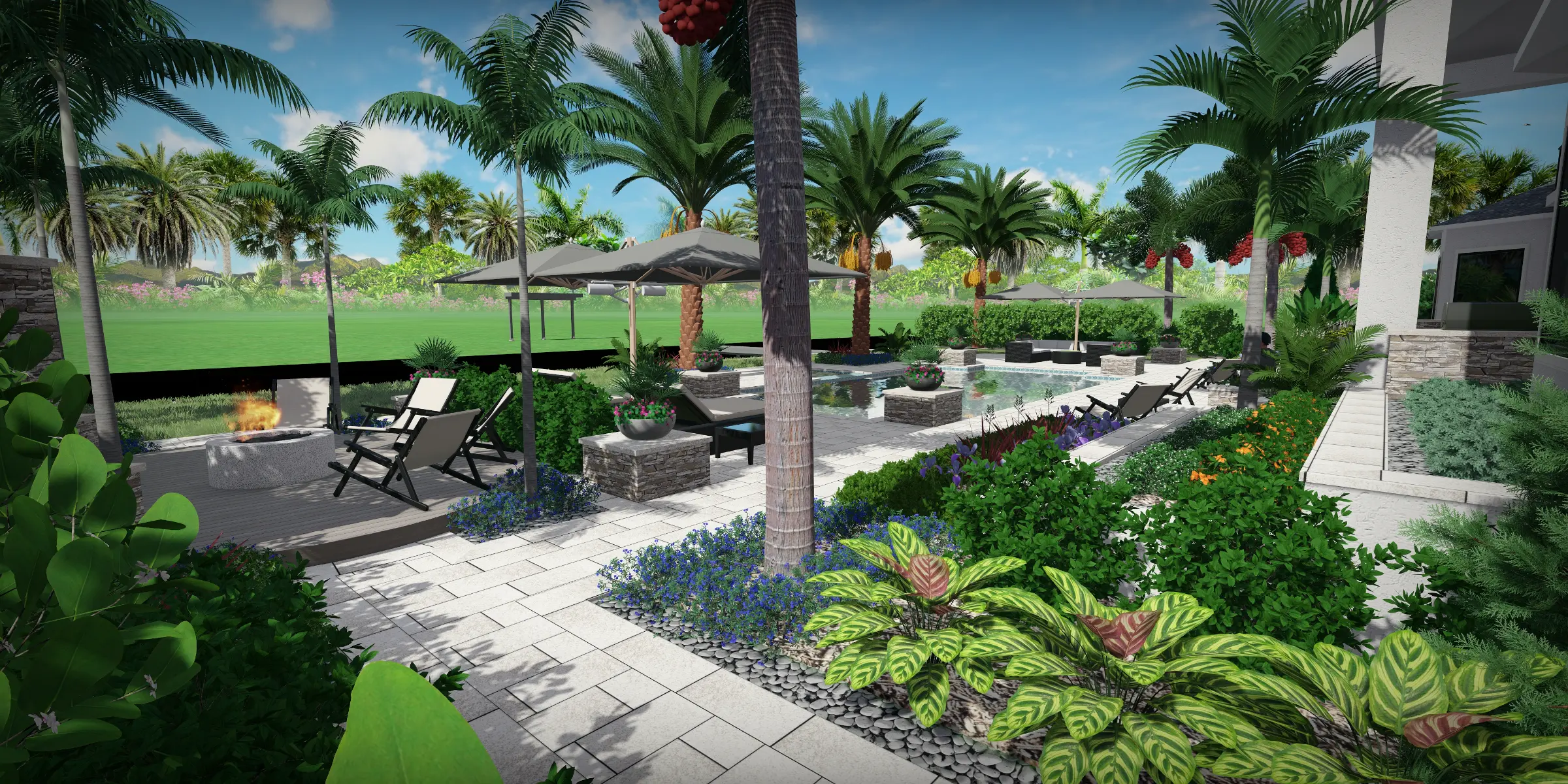 Luxury residential backyard featuring pool, patio seating, palm trees, and lush landscaping in St Petersburg, FL