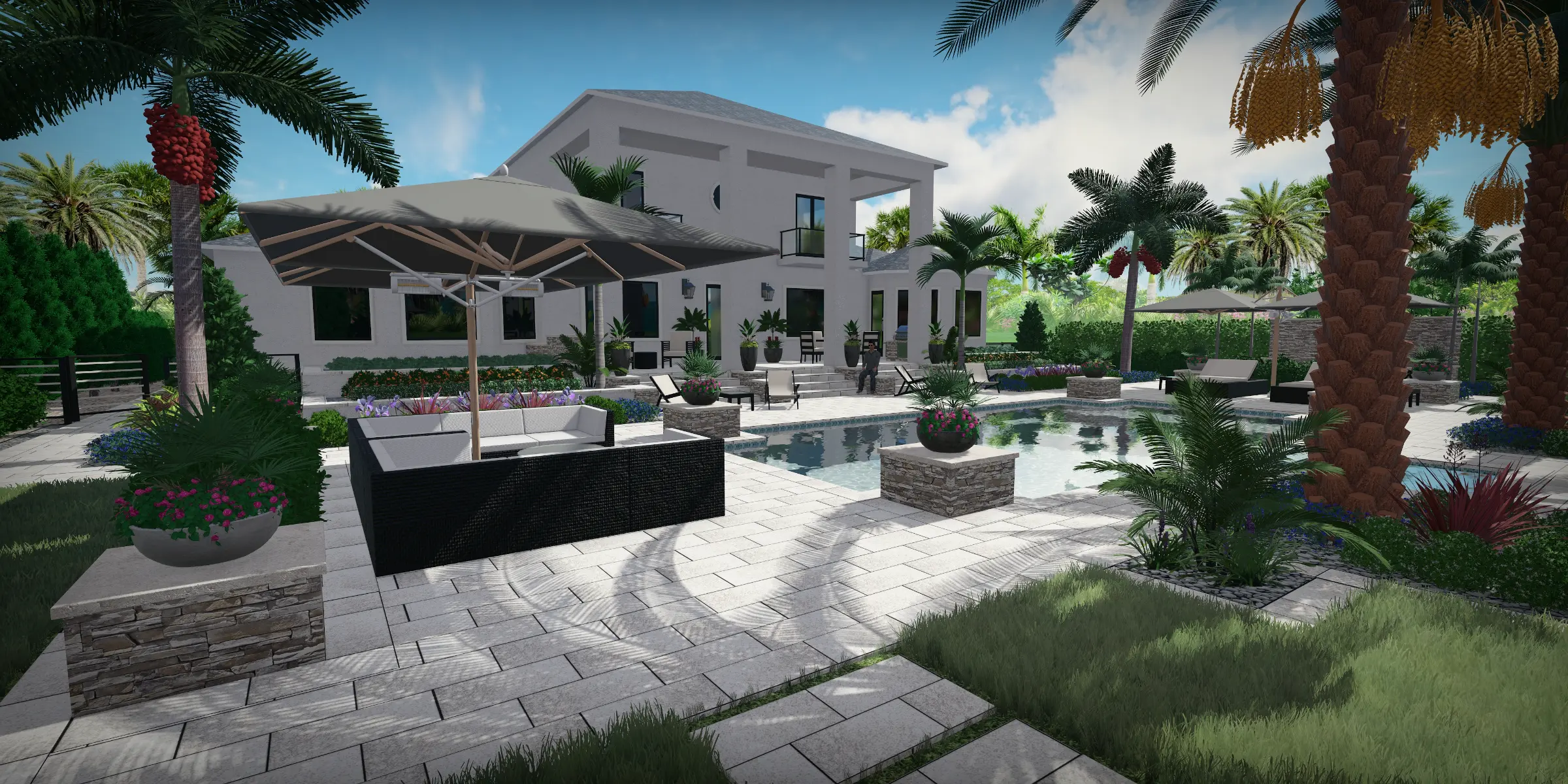 Contemporary white residence with resort-style pool, lounge seating, and mature palms exemplifying luxury outdoor construction and landscape architecture in St Petersburg.