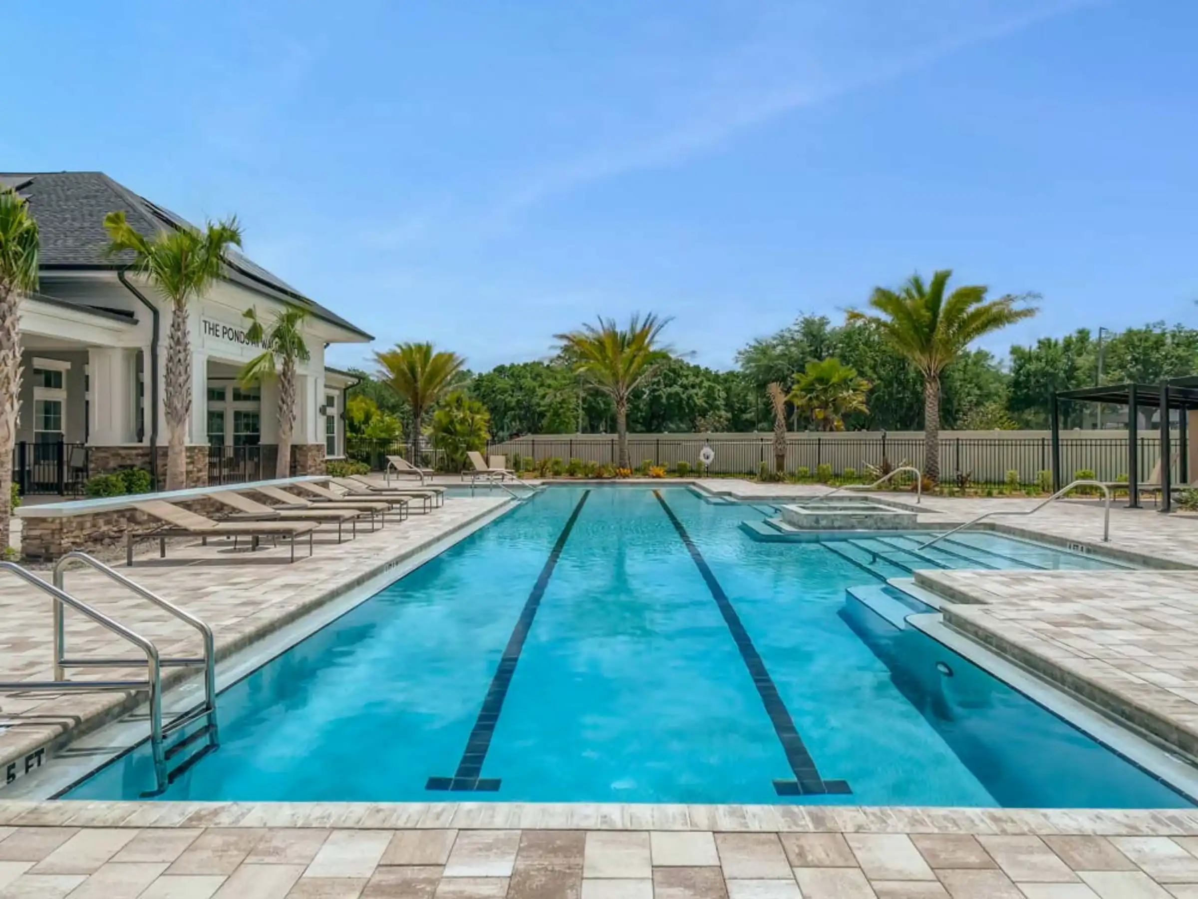 Resort-style lap pool with lane dividers, lounge chairs, and modern white clubhouse surrounded by palm trees in St Petersburg luxury residential community.