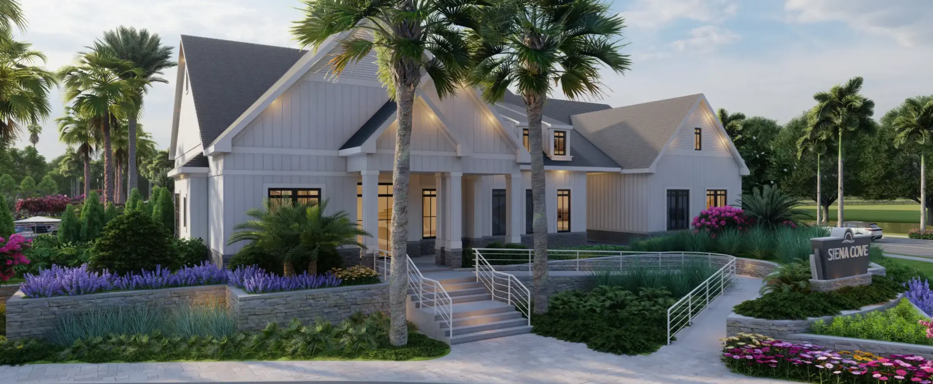 Modern white residential home with gabled roof, tall palm trees, and contemporary landscape design featuring purple lavender beds and pink flowers in St Petersburg, FL.