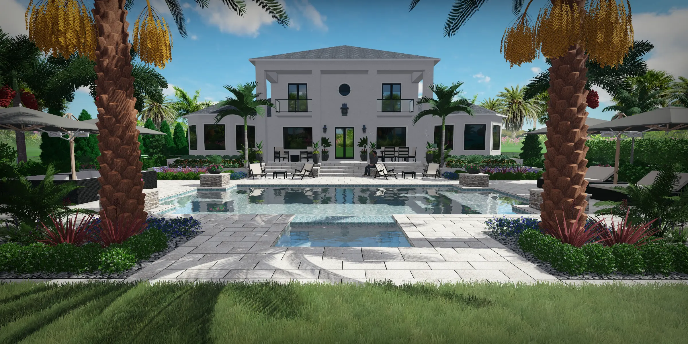 Luxury modern white villa with resort-style pool, palm trees, and sophisticated landscape architecture in St Petersburg residential community.