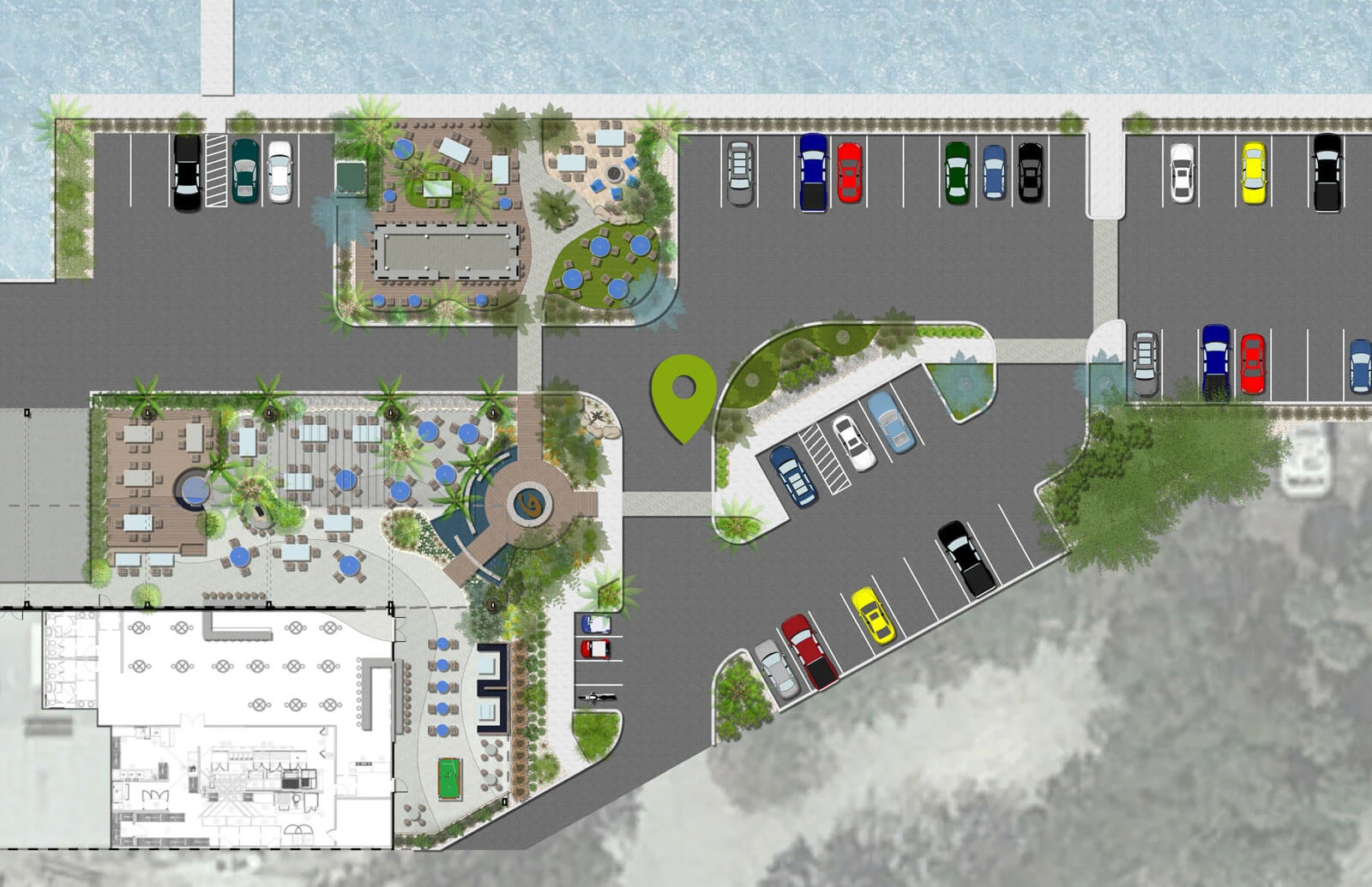 Aerial view of upscale residential community with manicured pools, landscaping, parking areas, and waterfront in St Petersburg, FL