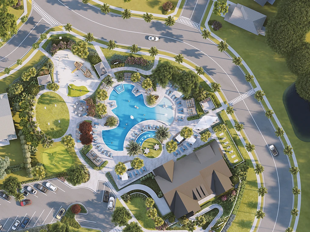 Aerial view of resort-style pool complex with surrounding landscaping, amenities, and residential buildings in St Petersburg luxury community