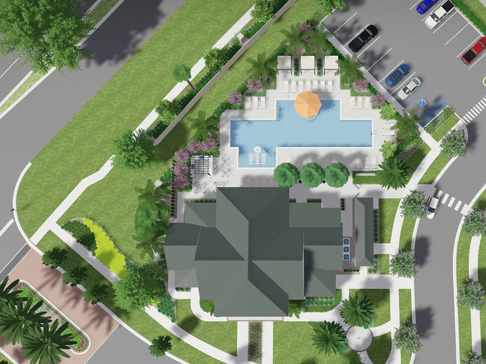 Aerial view of contemporary residential home with luxury pool design, manicured landscape architecture, and parking area in St Petersburg, FL.
