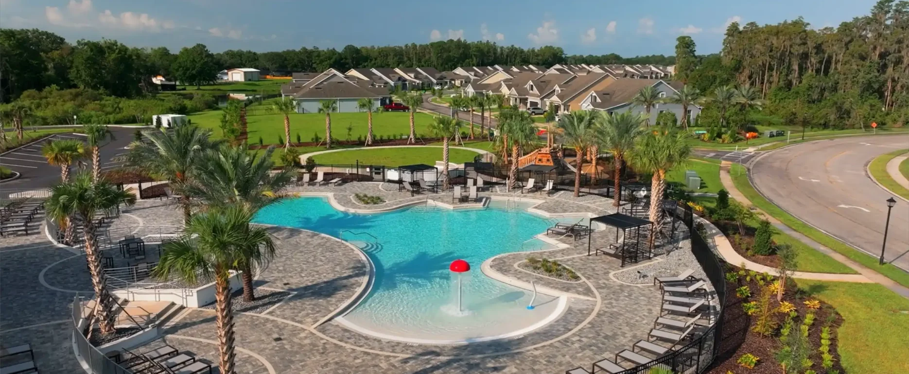 Luxury resort-style pool with lagoon design, shallow beach entry, and palm trees in a St Petersburg residential community with homes and manicured lawns.