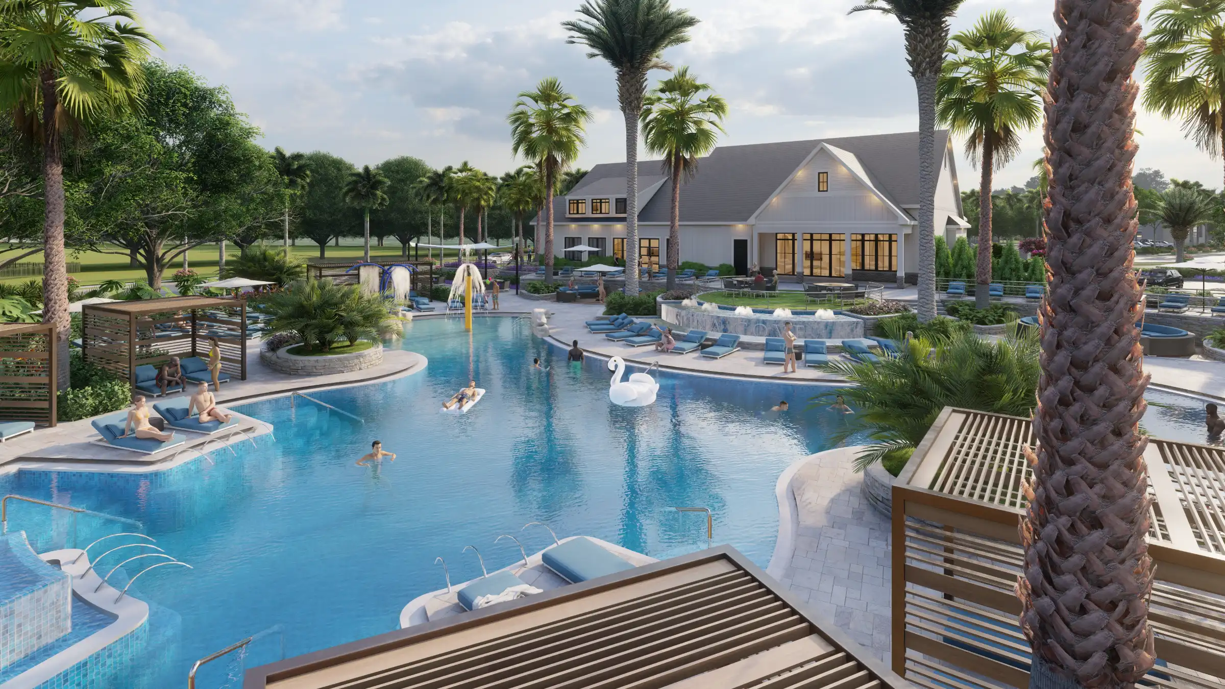 Expansive resort-style pool with white clubhouse, palm trees, and lounge areas featuring luxury outdoor construction and landscape architecture in St Petersburg, FL.
