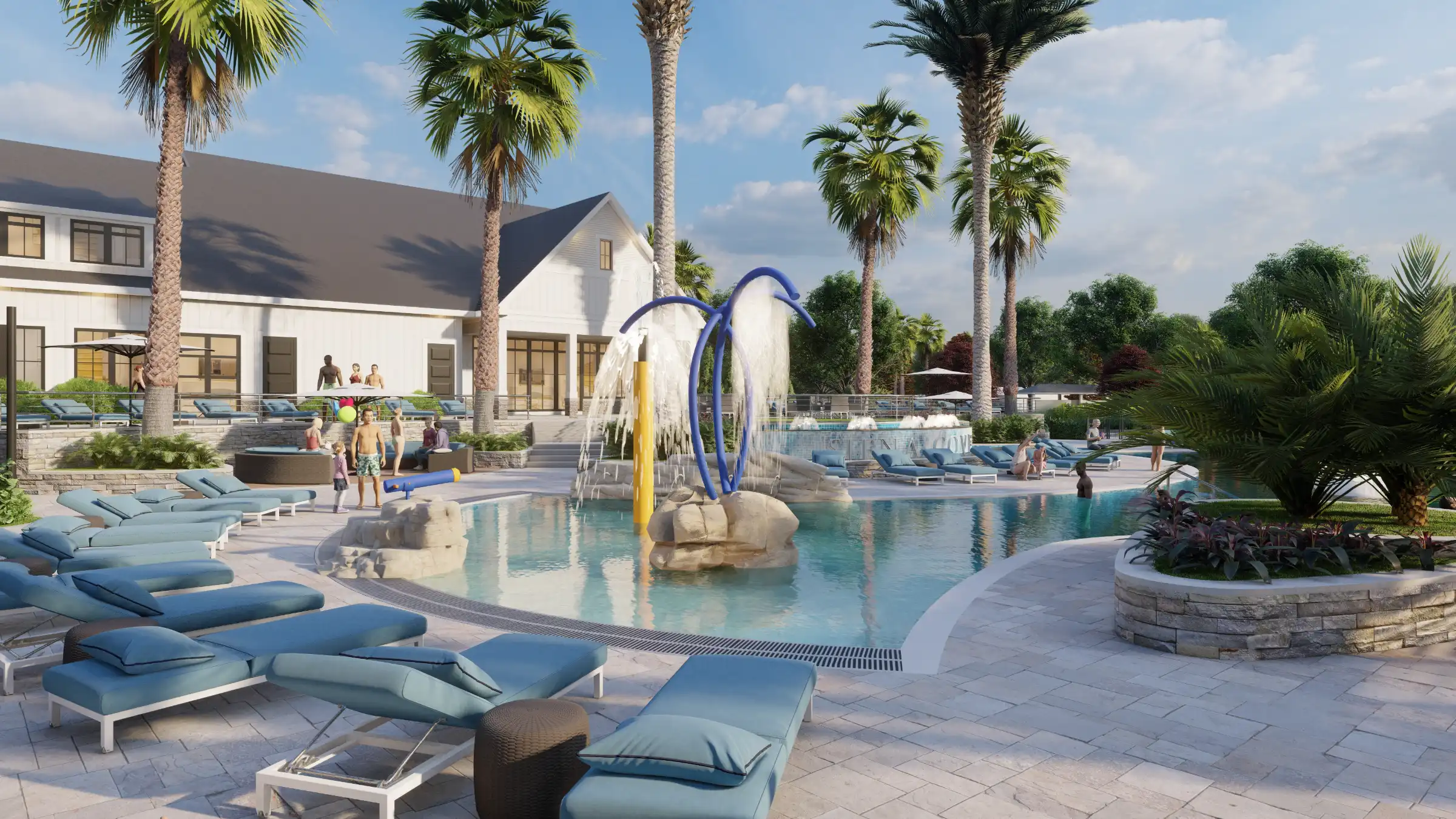 Luxury resort-style pool deck with water slide, loungers, and white modern buildings surrounded by palm trees in St Petersburg, Florida.