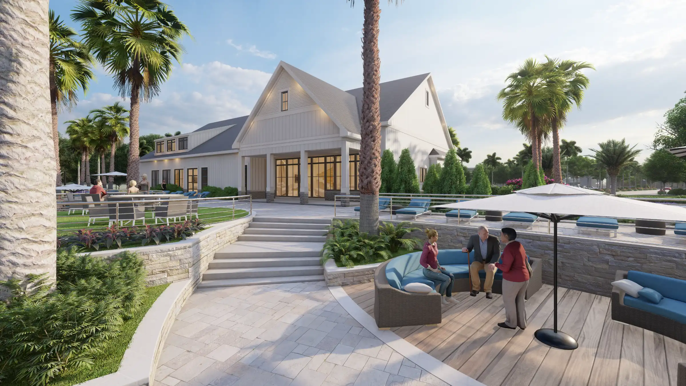 Modern white farmhouse with dark roof overlooks luxury pool deck and waterfront landscape in St Petersburg, FL residential community.