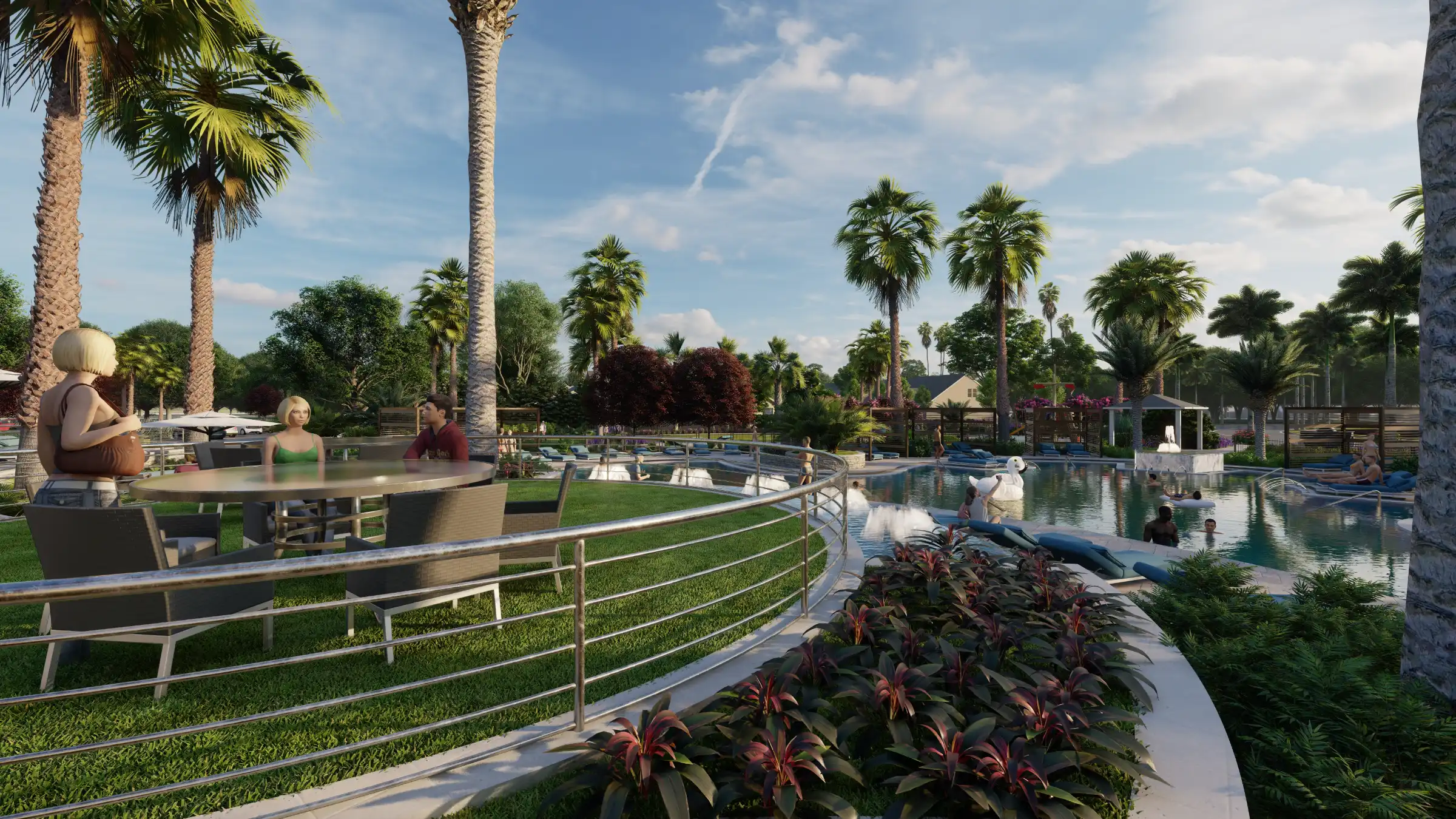 Luxury waterfront residential community in St Petersburg FL featuring resort-style pool, manicured landscaping, palm trees, and outdoor dining areas with modern pool design.