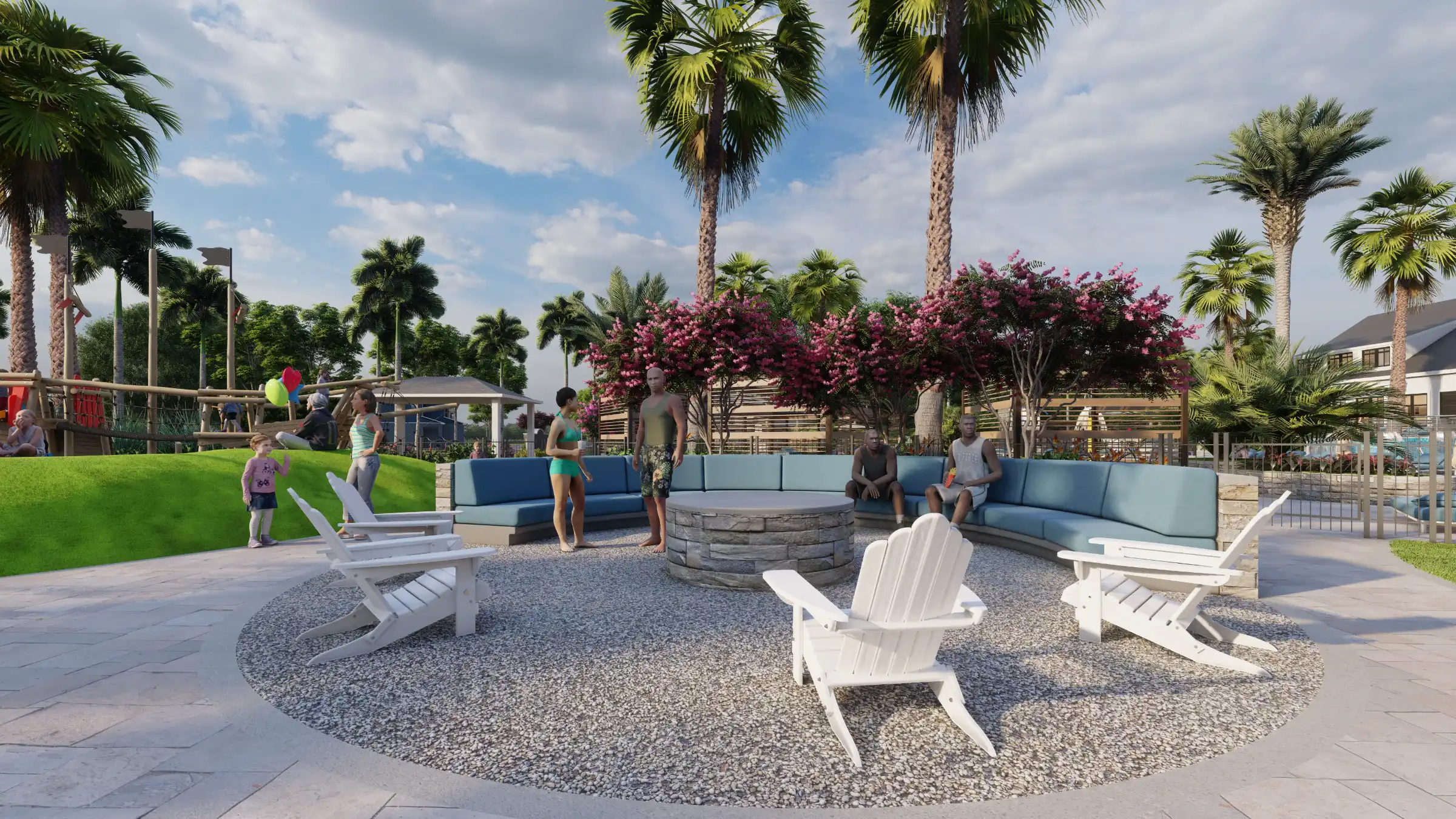 Luxury outdoor gathering space with stone firepit, white Adirondack chairs, blue seating, and palm trees in St Petersburg FL residential community.