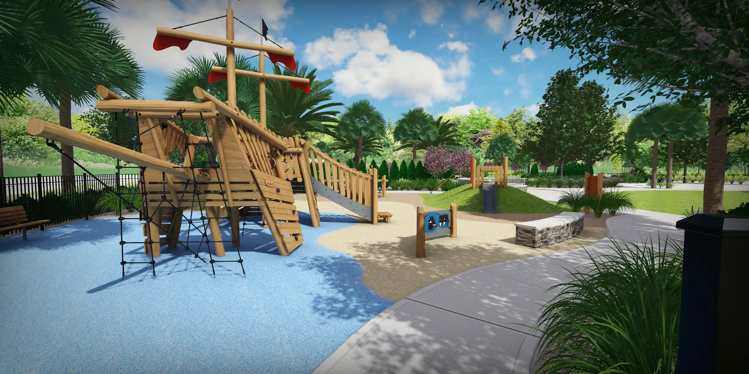 Luxury playground with wooden ship-themed structure and blue safety surfacing, surrounded by palm trees and landscaping in St Petersburg FL residential community.