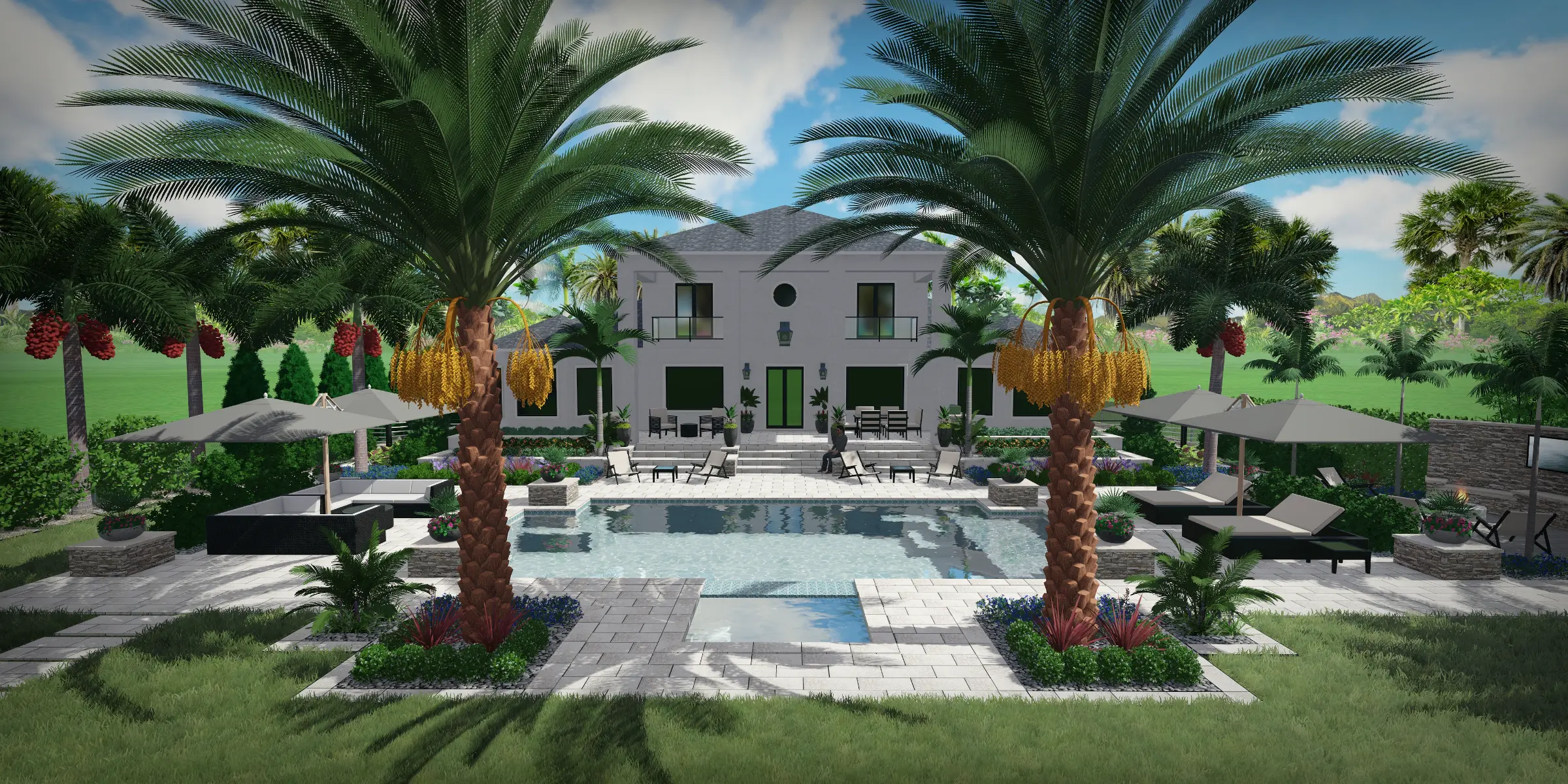 Luxury residential pool design with white modern home, palm trees, and manicured landscape in St Petersburg, FL