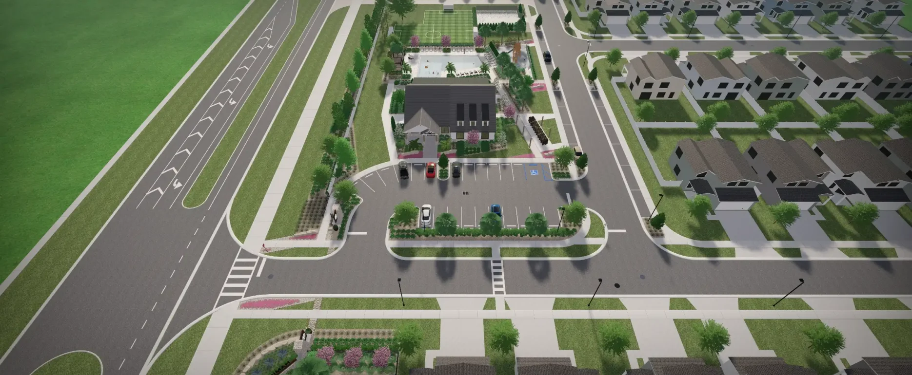 Aerial view of luxury residential community with townhomes, central amenity building, parking, and highway access in St Petersburg, FL featuring landscape architecture and pool design elements.