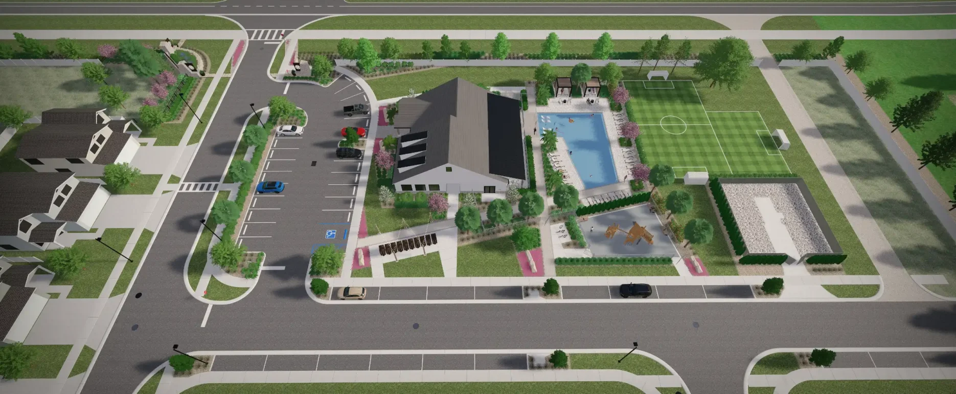 Aerial view of modern residential community with luxury pool design, sports fields, and manicured landscape architecture in St Petersburg, FL.