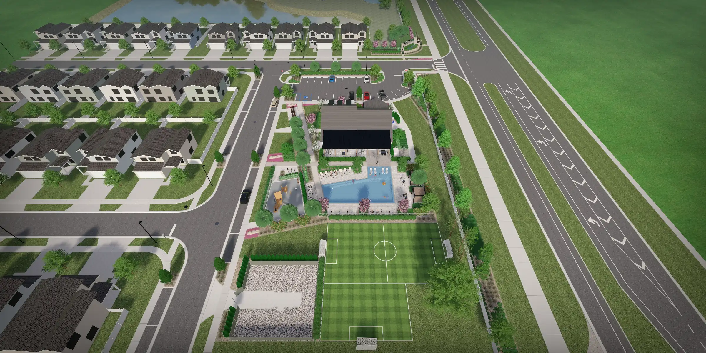 Aerial view of luxury residential community in St Petersburg, FL featuring townhomes, pool, sports fields, and highway access with professional landscape architecture.