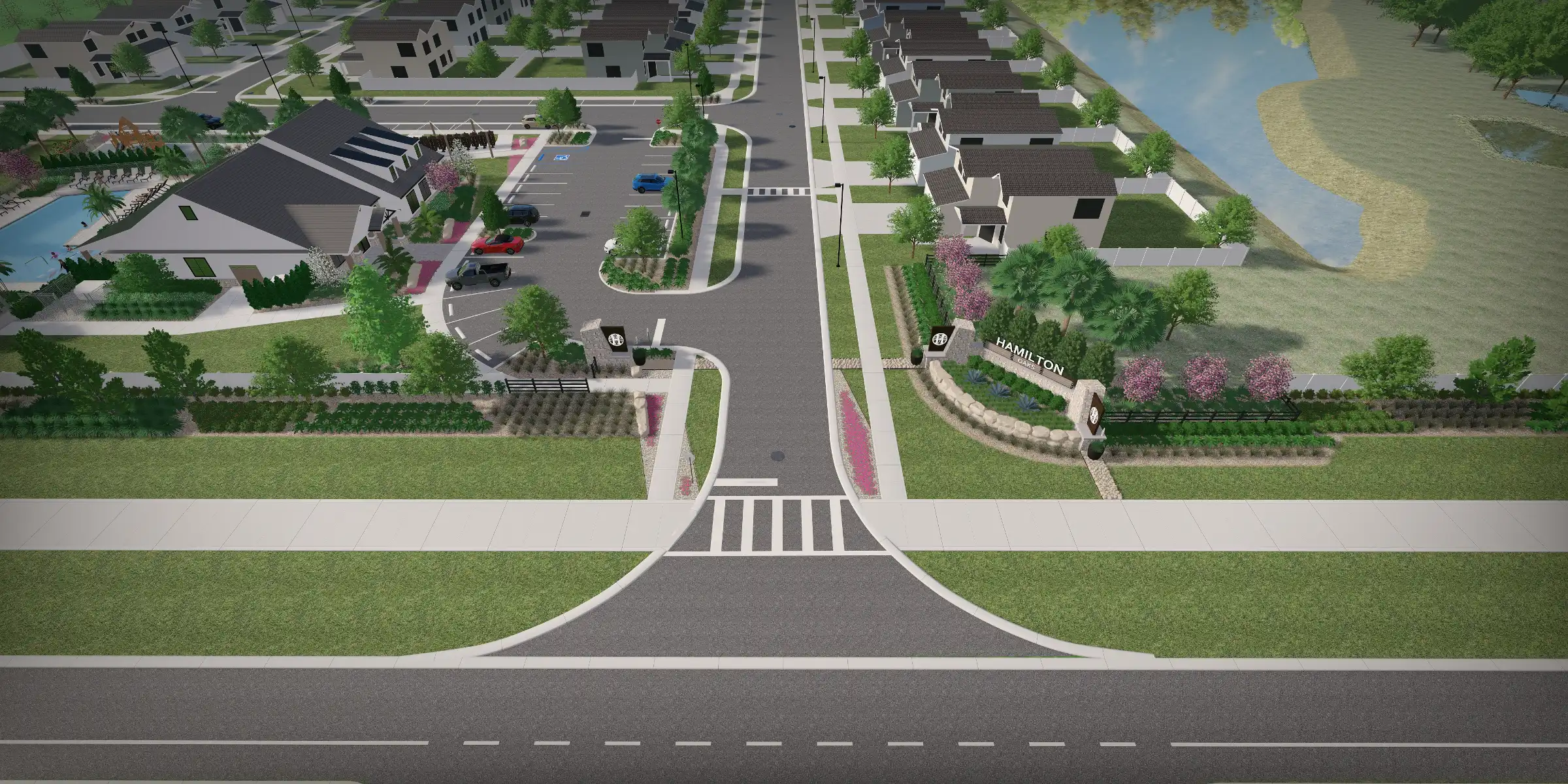 Aerial view of luxury residential community with tree-lined streets, waterfront, and modern home designs in St Petersburg, FL.