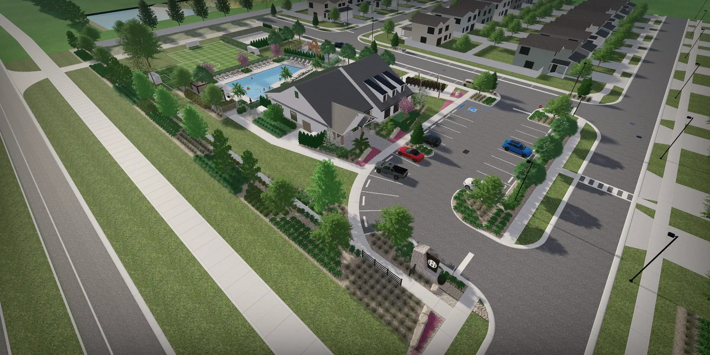 Aerial view of luxury residential community in St Petersburg, FL featuring modern clubhouse with pool, manicured landscaping, parking areas, and multi-unit residential buildings surrounding amenity center.