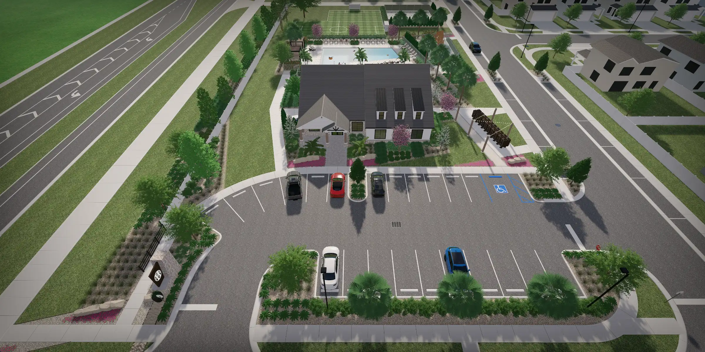 Aerial view of contemporary residential home with resort-style pool, manicured landscape design, and parking area in St Petersburg luxury community.