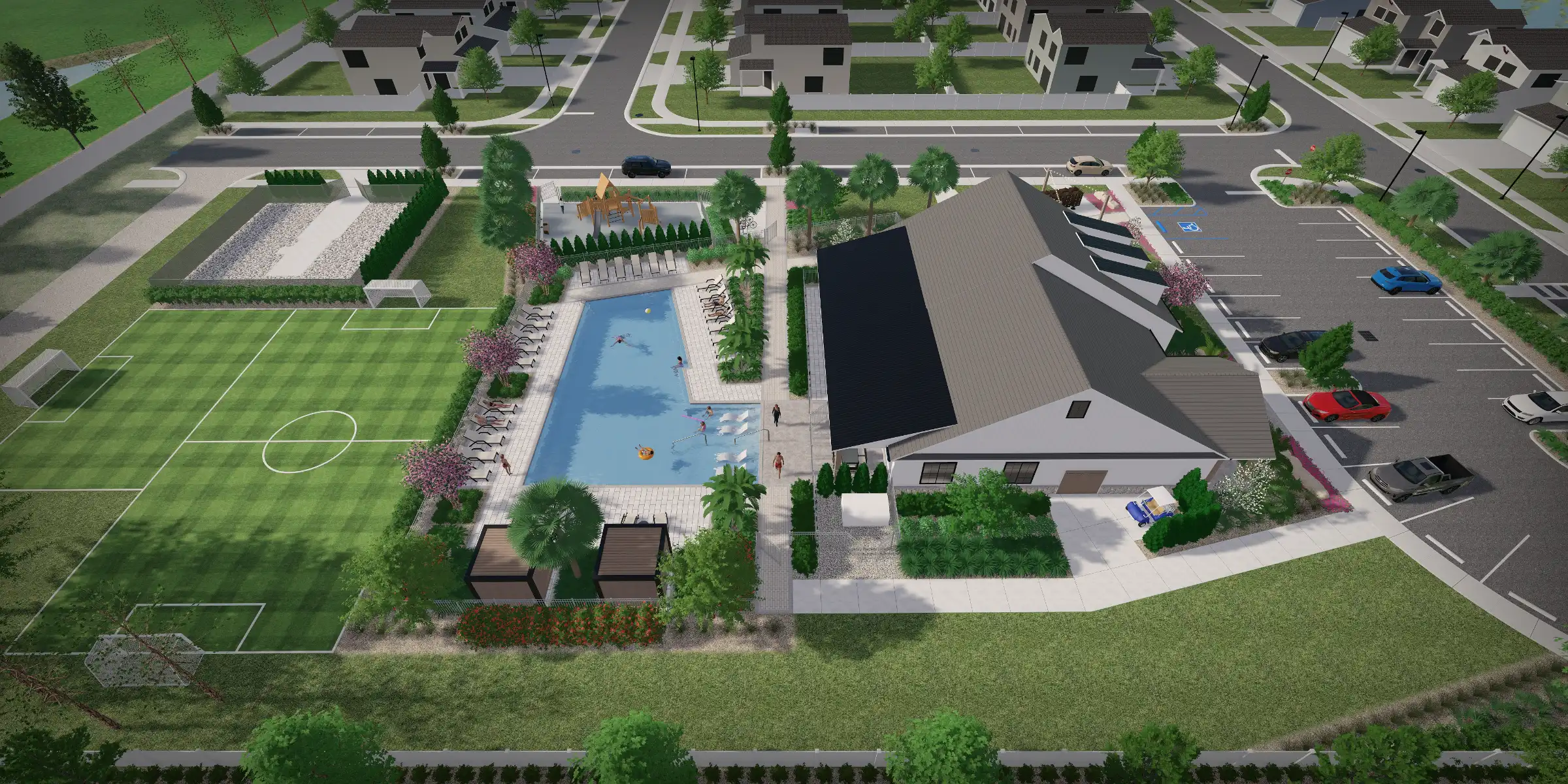 Aerial view of modern residential community featuring luxury pool design, landscape architecture, and recreational facilities in St Petersburg, Florida neighborhood.