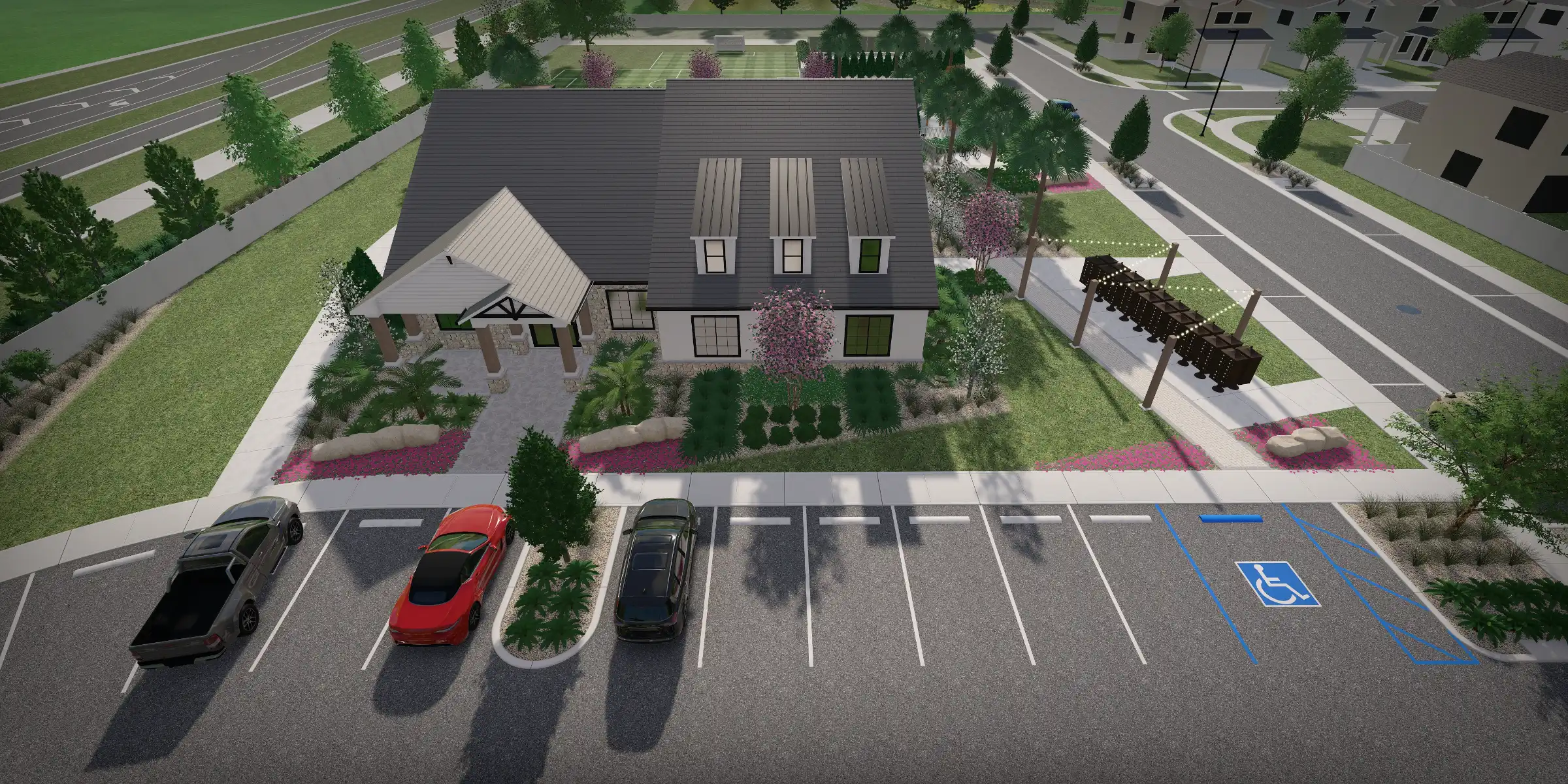 Aerial view of contemporary white residential home with dark metal roof, professional landscape design, parking area with handicap space, and manicured grounds in St Petersburg residential community.