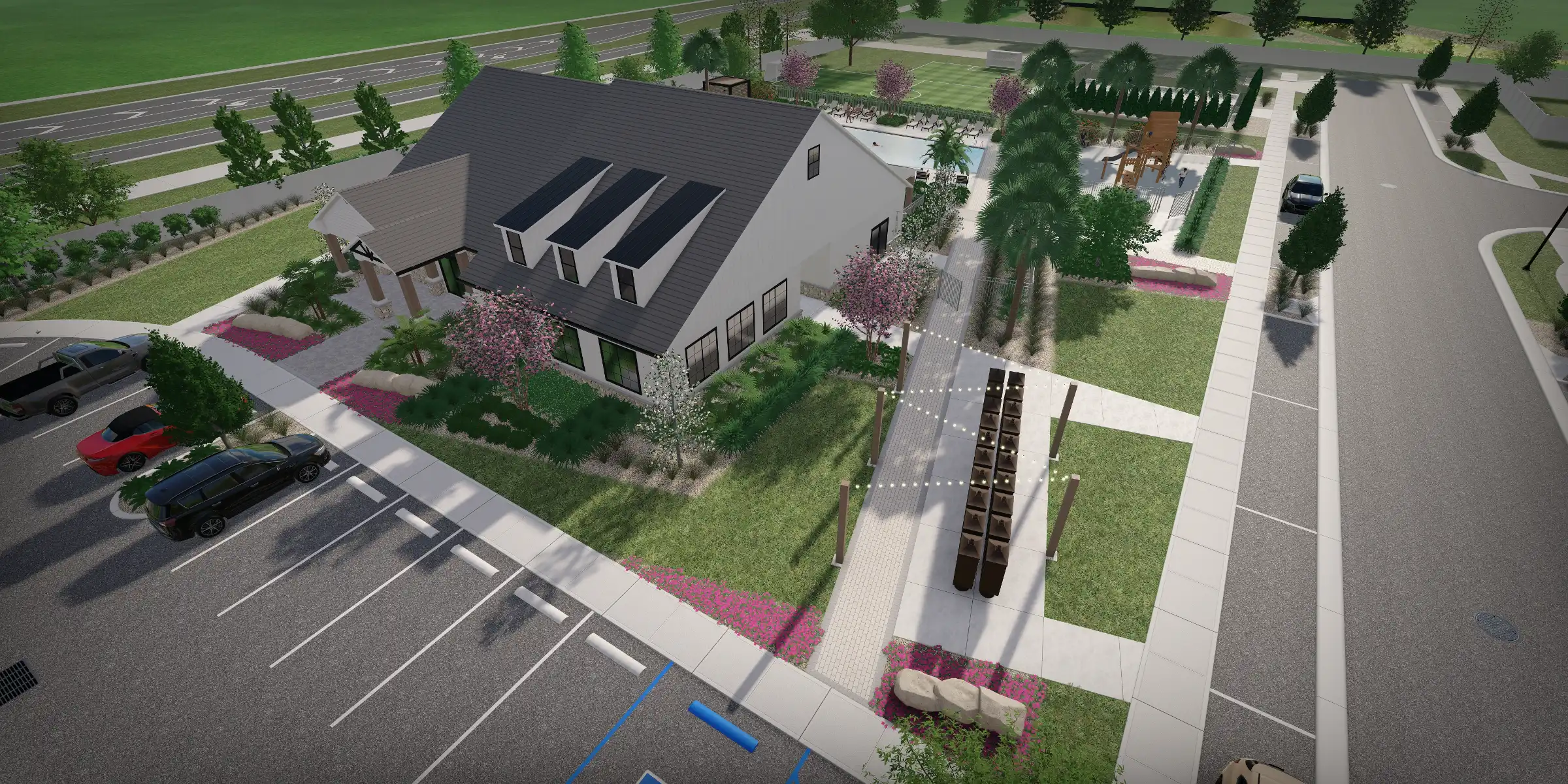 Contemporary white residential home with dark solar panels, manicured landscape, and street parking in luxury St Petersburg FL community development.