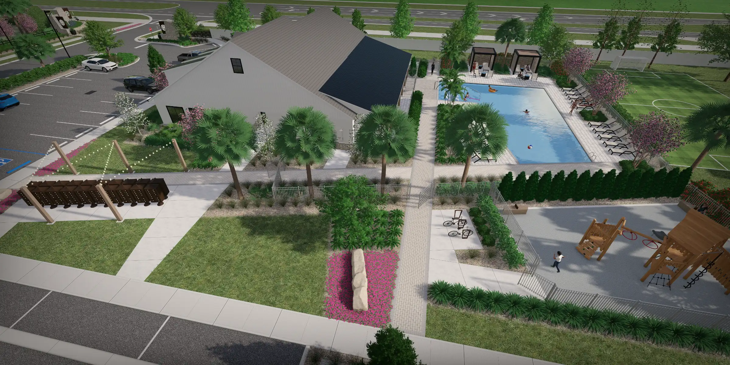 Aerial view of resort-style pool deck with palm trees, lounge seating, and surrounding luxury landscape architecture in St Petersburg residential community.