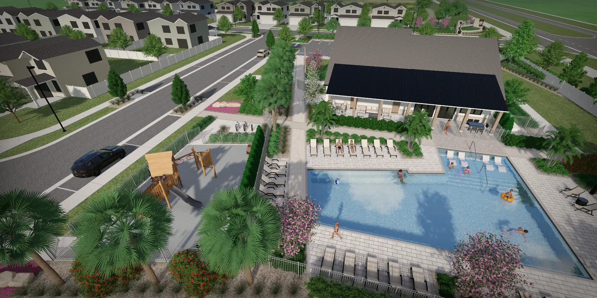Aerial view of luxury pool area with loungers and cabana in St Petersburg residential community surrounded by modern homes and landscaped grounds.