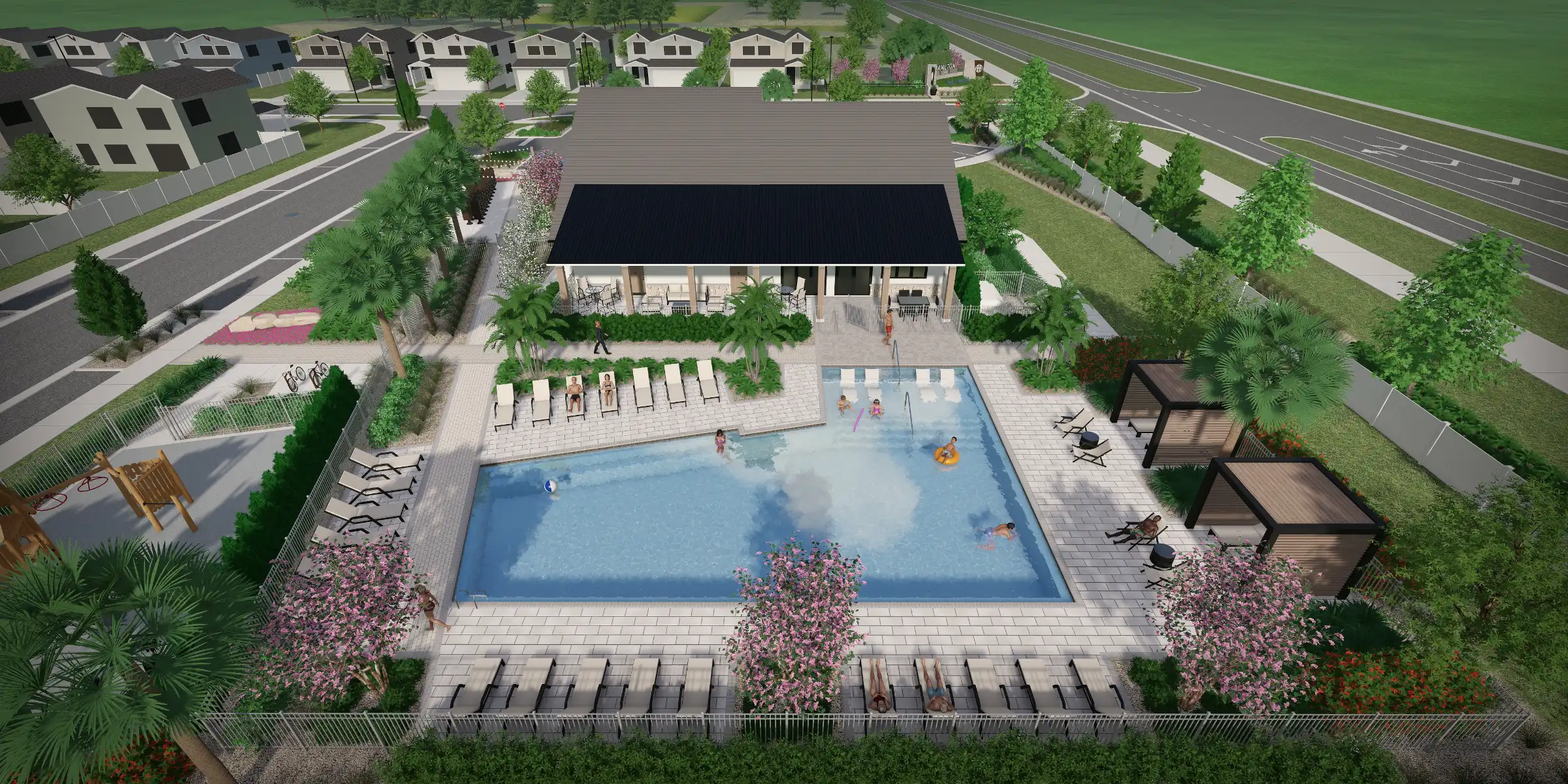 Aerial view of luxury residential community pool area with cabanas, lounge seating, and modern clubhouse surrounded by landscaped grounds in St Petersburg, FL