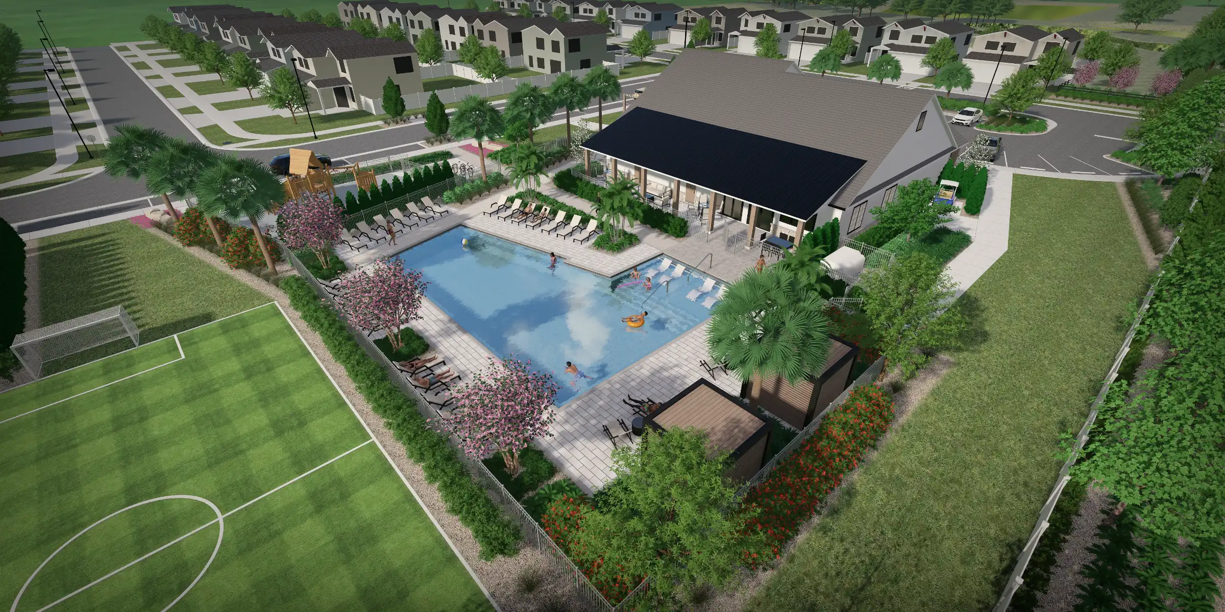 Luxury residential community pool area with blue water, loungers, and modern clubhouse building surrounded by manicured lawns and tree-lined streets in St Petersburg, FL.