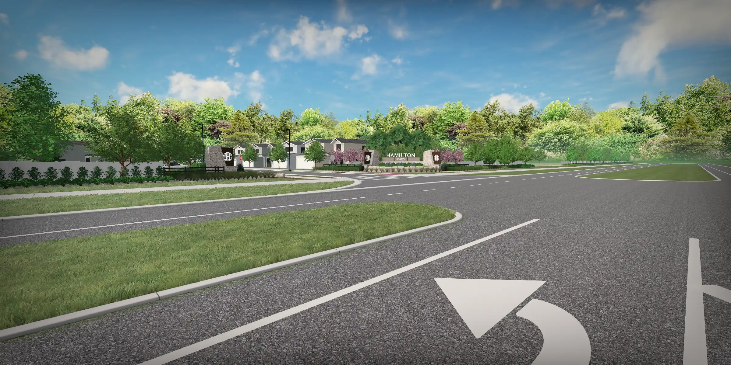 Gated community entrance with colonial-style buildings, manicured landscaping, and curved driveway in St Petersburg luxury residential development.