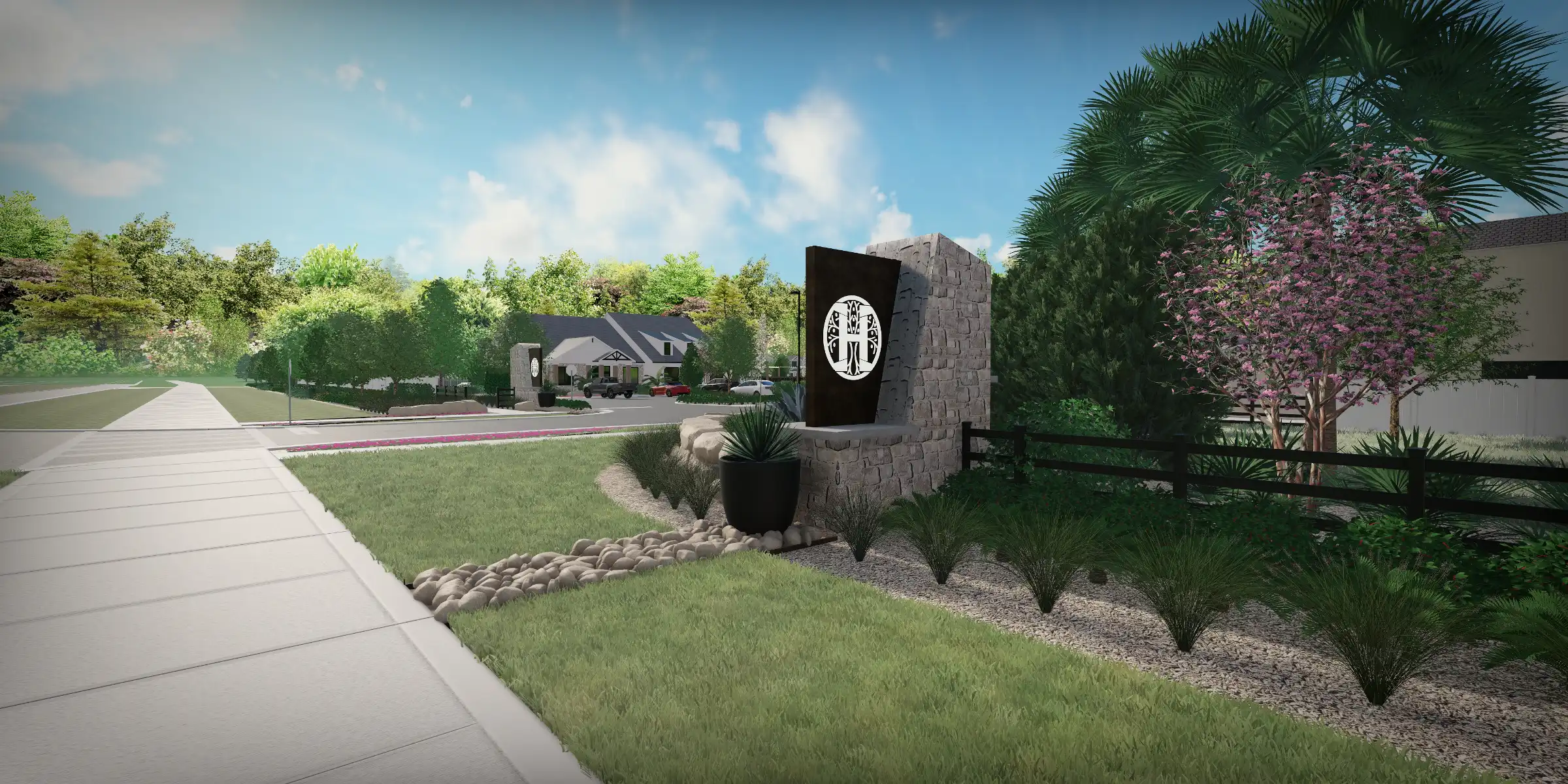 Luxury residential community entrance with stone monument, palm trees, and flowering landscaping in St Petersburg, FL.