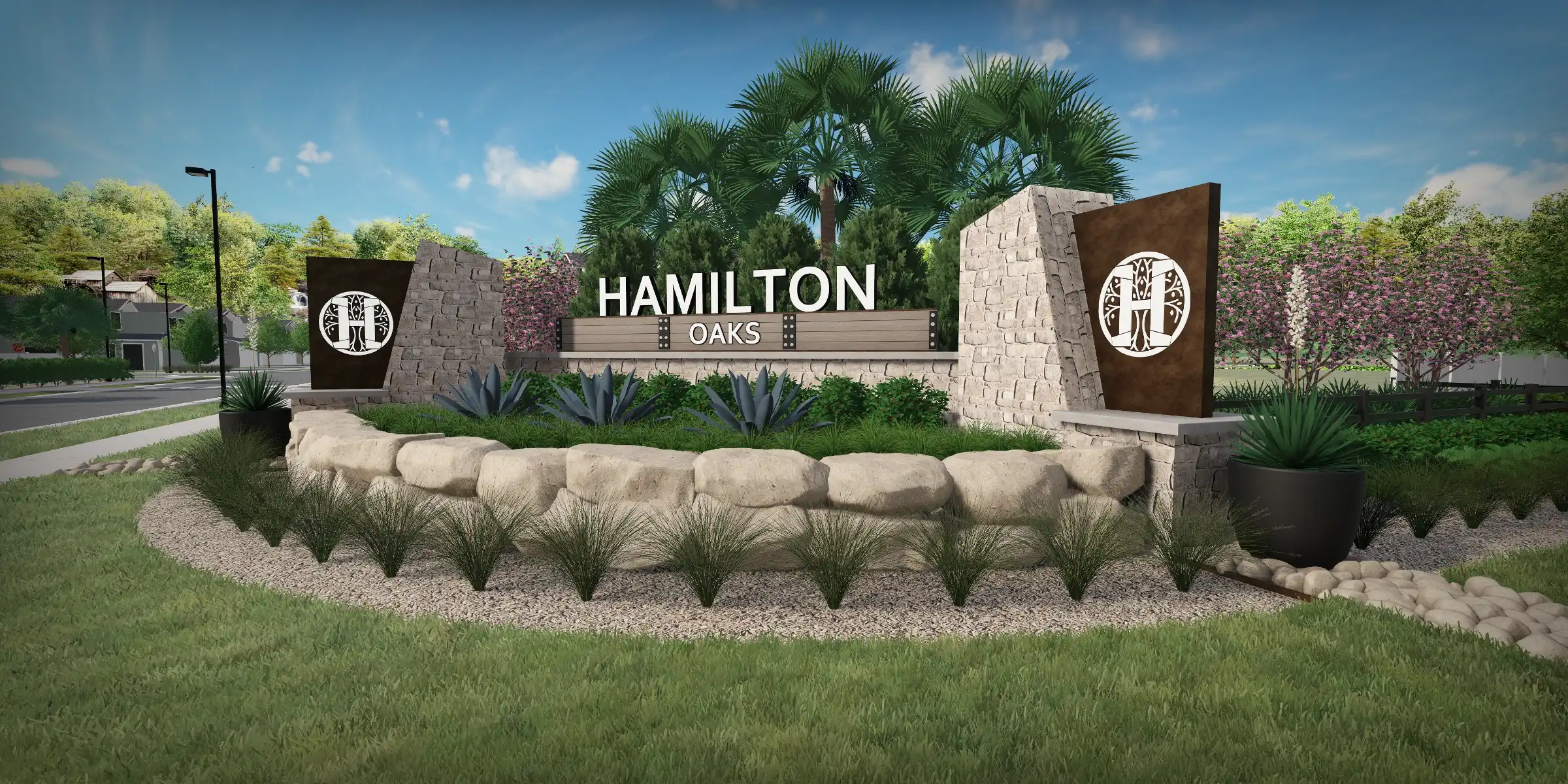 Architectural monument sign for Hamilton Oaks residential community in St Petersburg, FL, featuring stone pillars, bronze plaques, and tropical landscaping with palm trees.