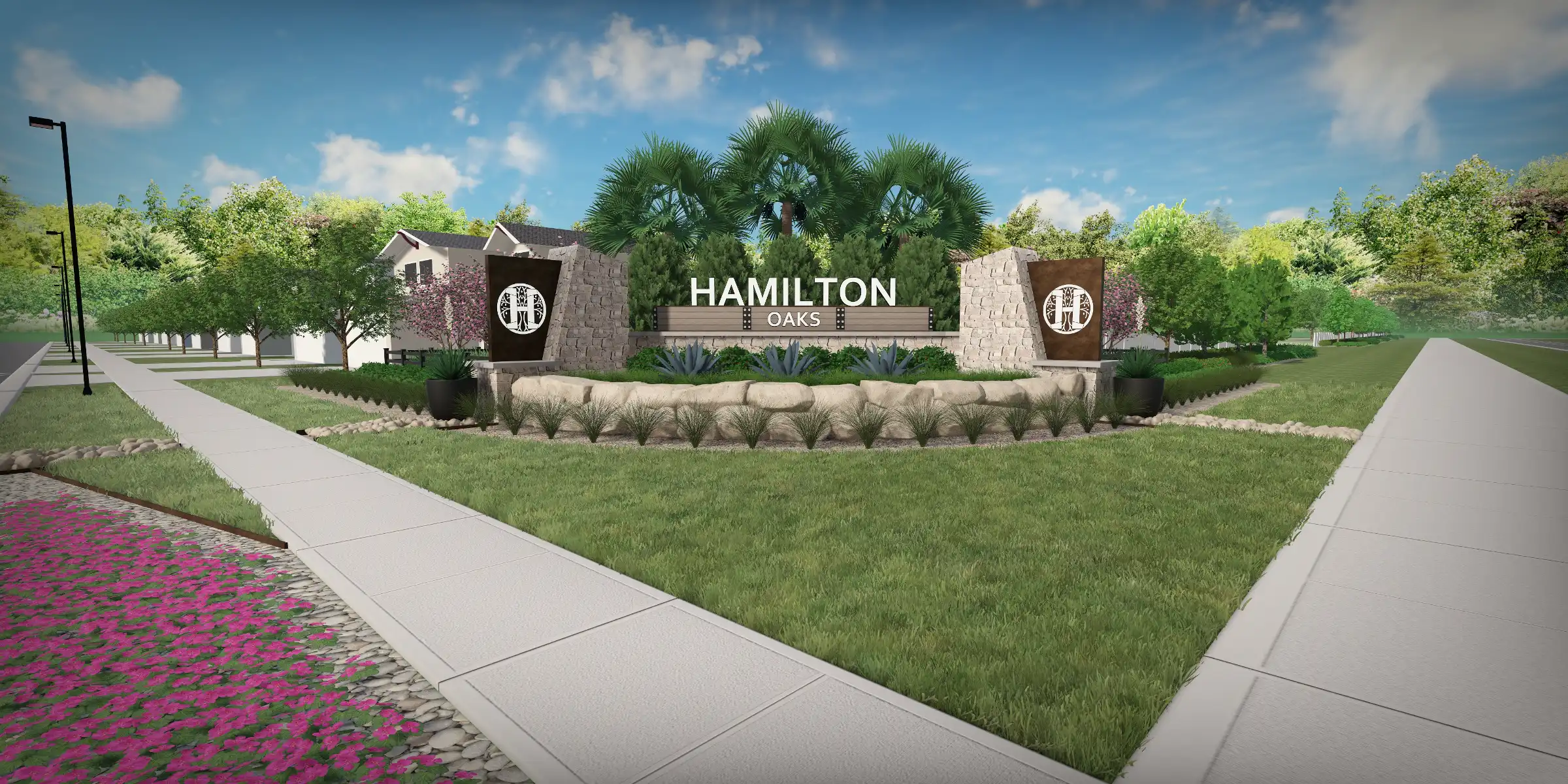 Architectural rendering of Hamilton Oaks community entrance featuring stone signage, palm trees, and manicured landscaping in St Petersburg, FL.
