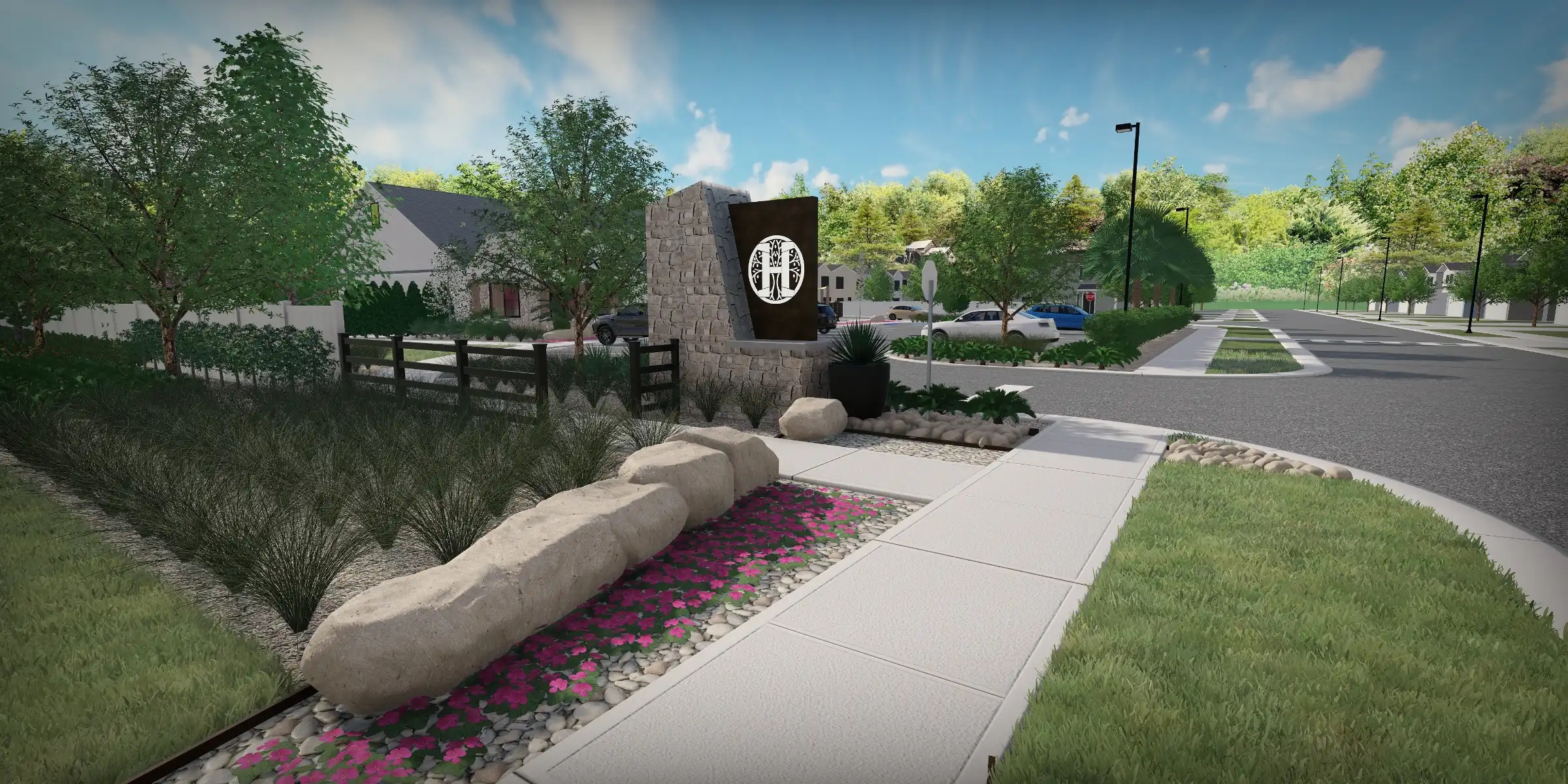 Luxury residential community entrance with stone monument, manicured landscaping, and tree-lined street in St Petersburg, FL.
