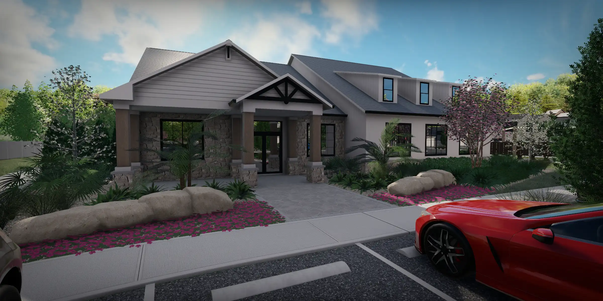 Contemporary residential home featuring stone pillars, covered porch entry, and manicured landscape with vibrant plantings in St Petersburg FL.