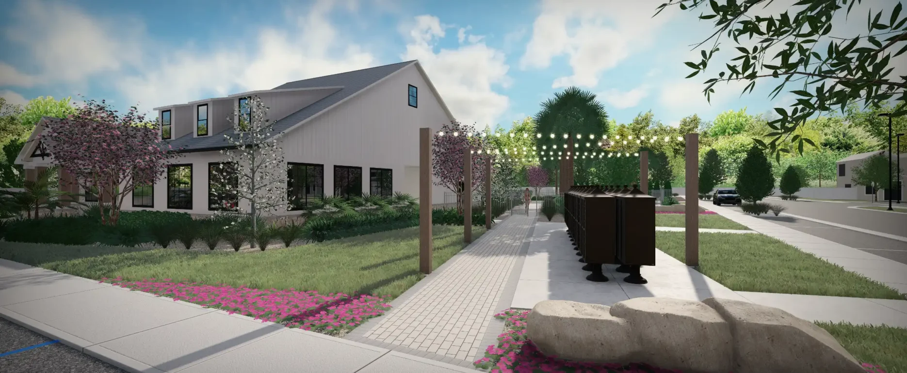 Contemporary white residential home with wooden pergola, stone features, and vibrant pink flowers in a luxury St Petersburg landscape design.